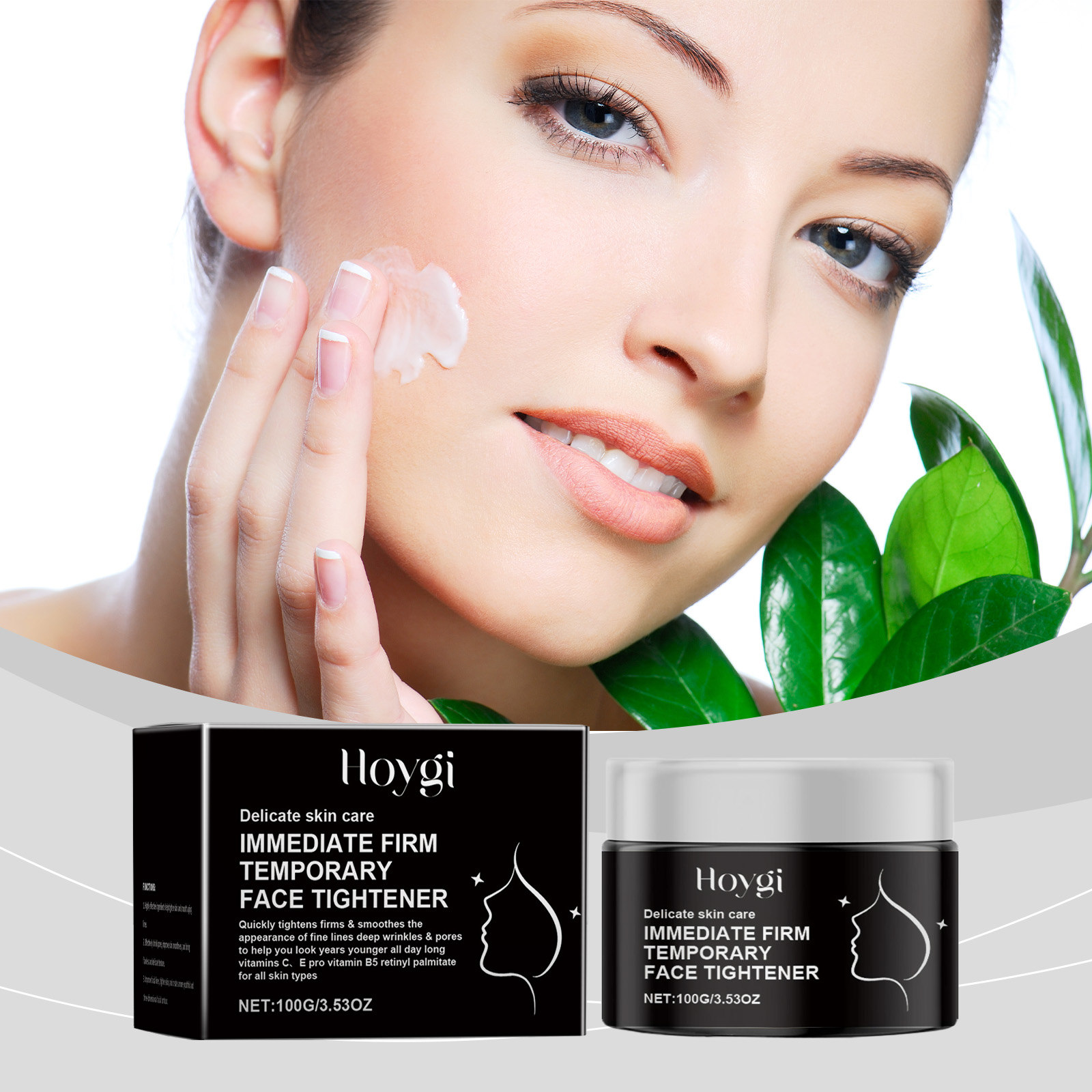 Cream being applied to cheek beside black jar