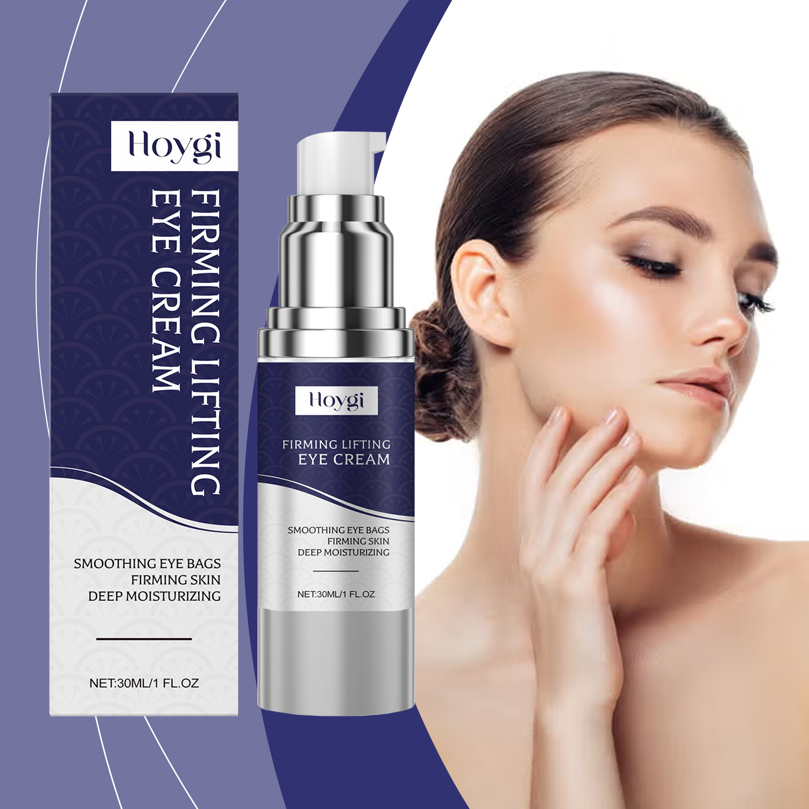 Woman beside eye cream with smooth radiant-looking skin