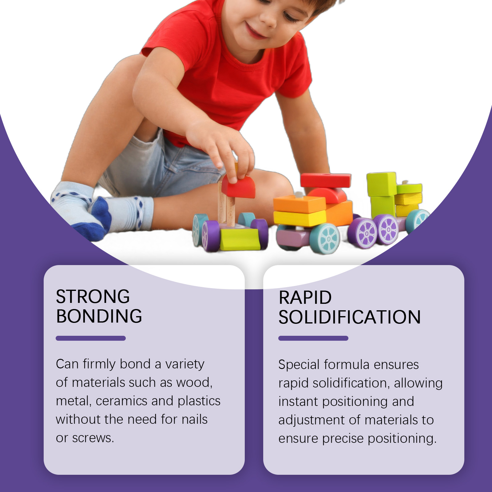 Colorful toy vehicles beside rapid bonding adhesive