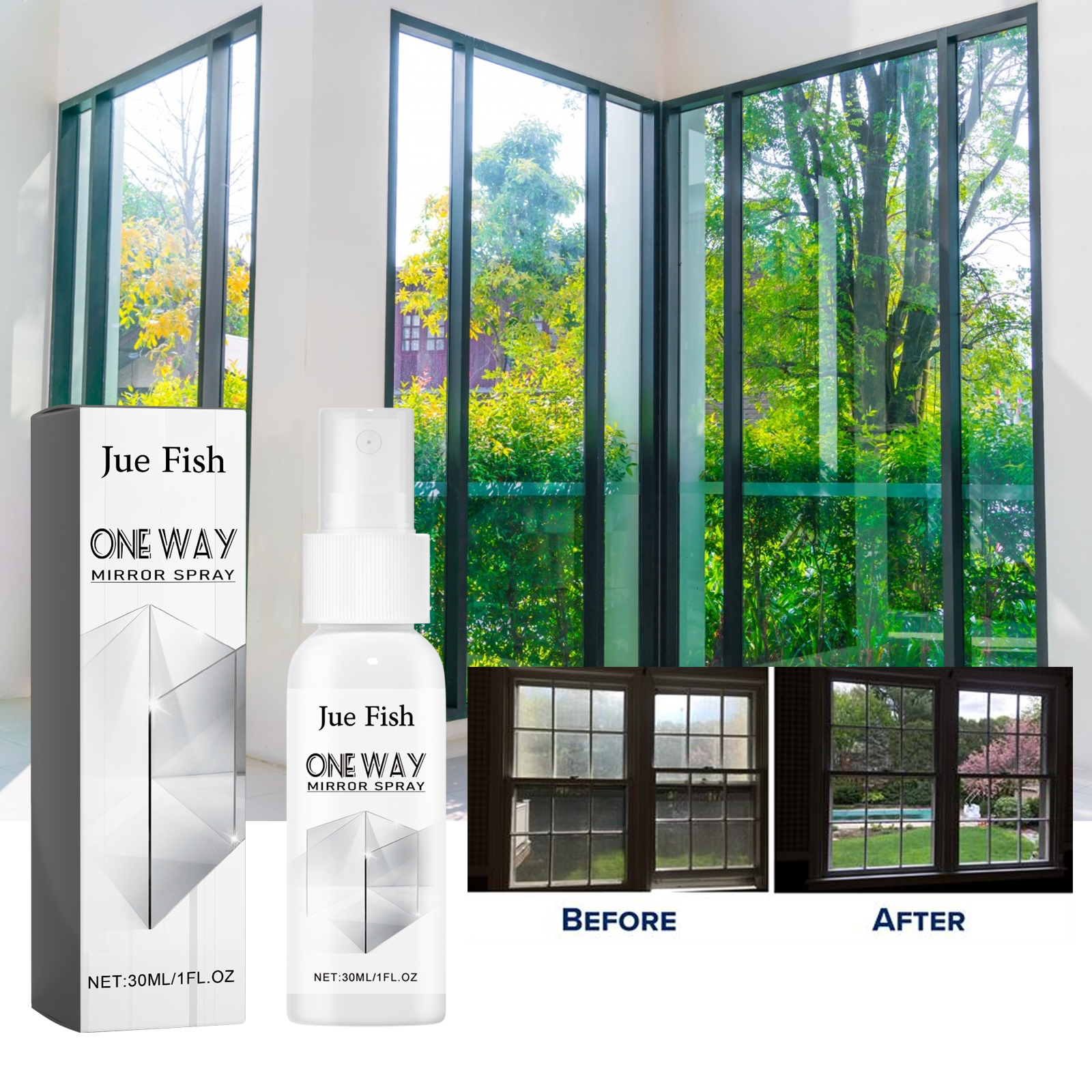 Glass cleaner shown beside clearer-looking windows