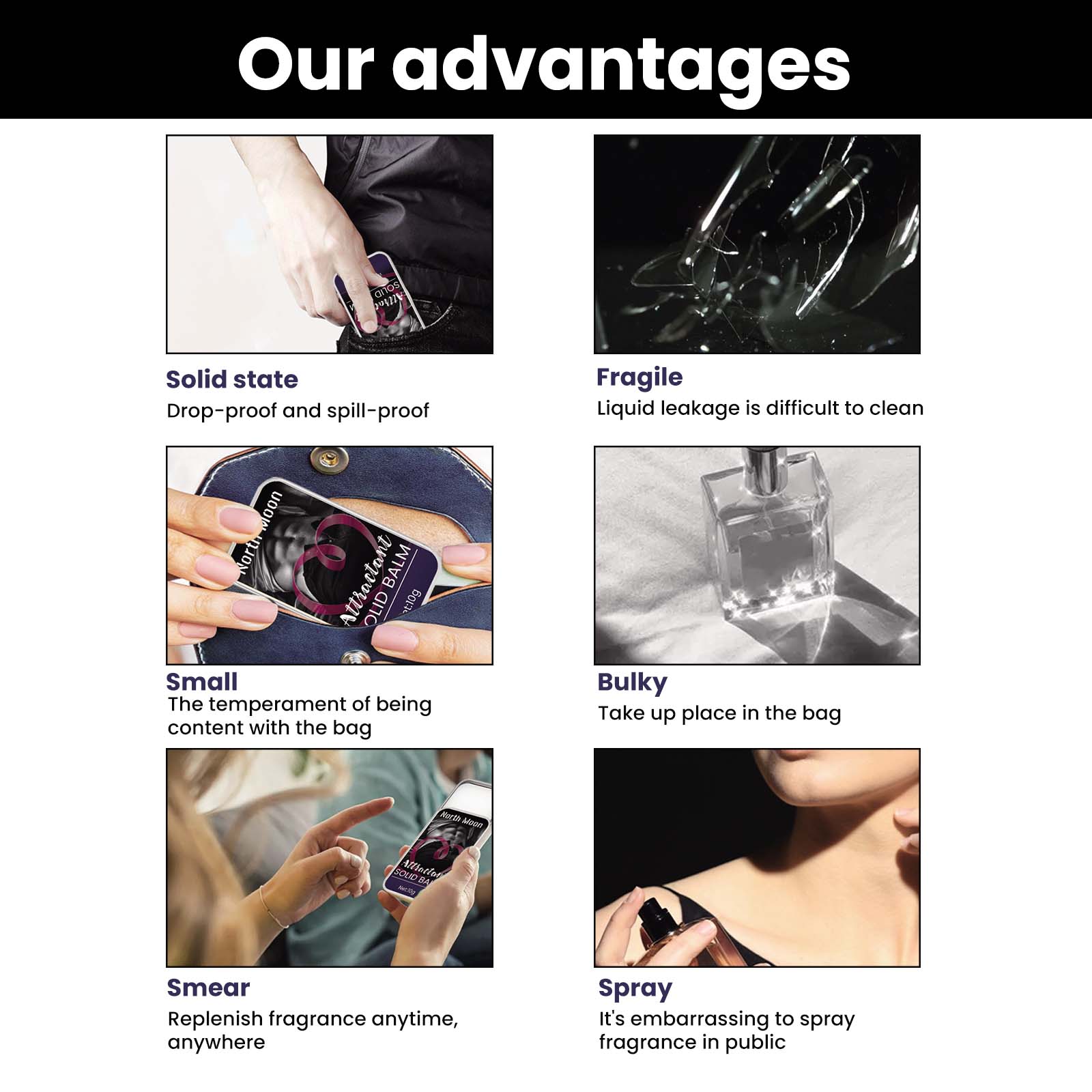 Solid balm format shown beside spray fragrance drawbacks