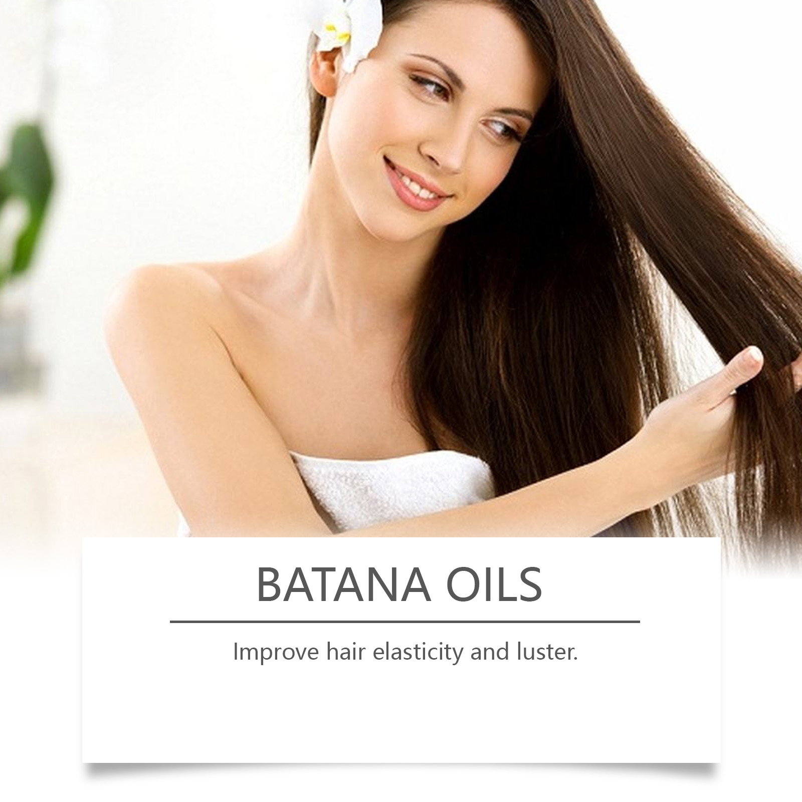 Woman with long hair beside batana oil box