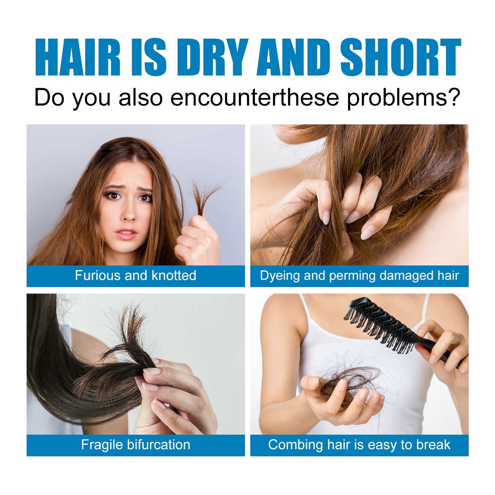 Hair damage concerns shown beside serum packaging