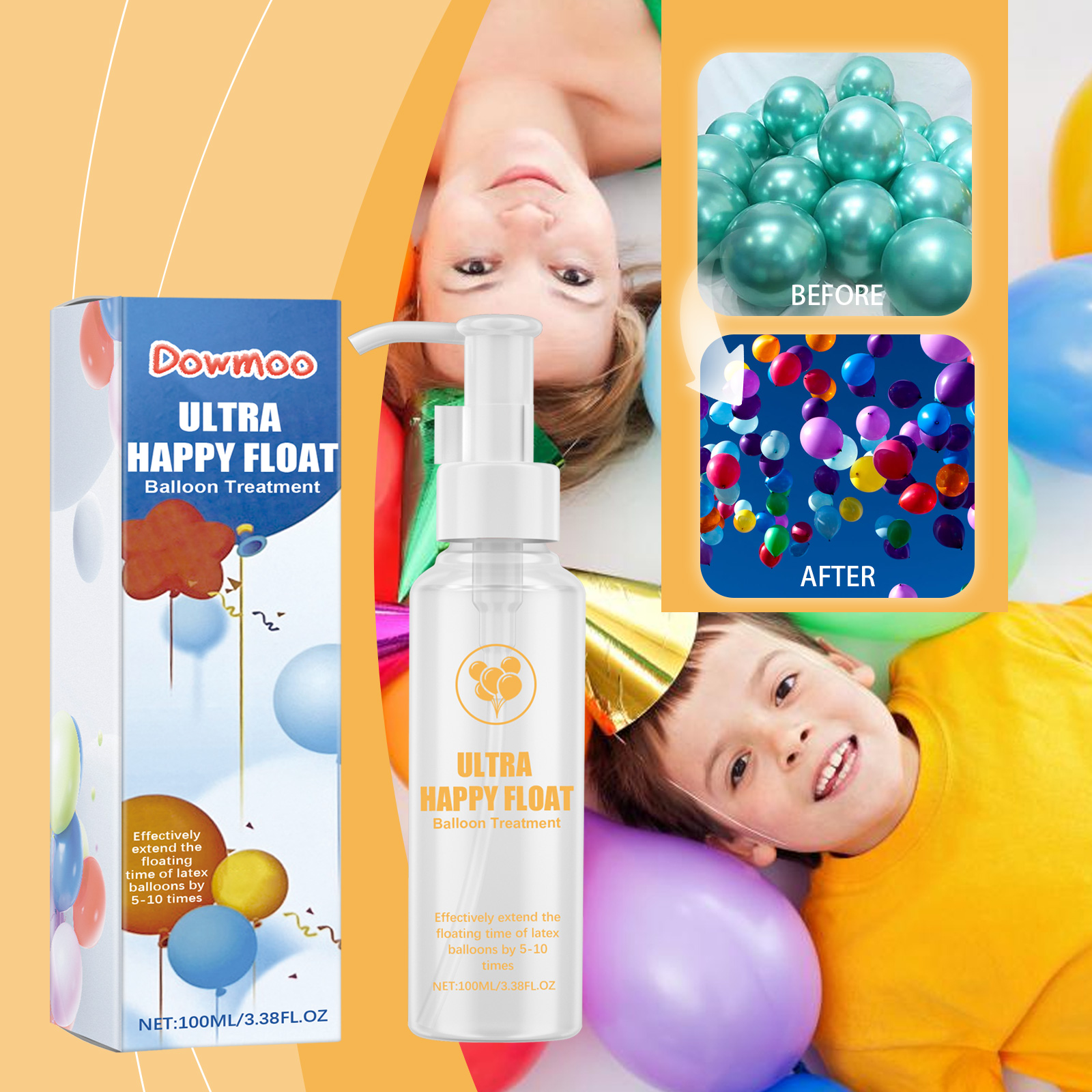 Compact treatment bottle shown with party balloons
