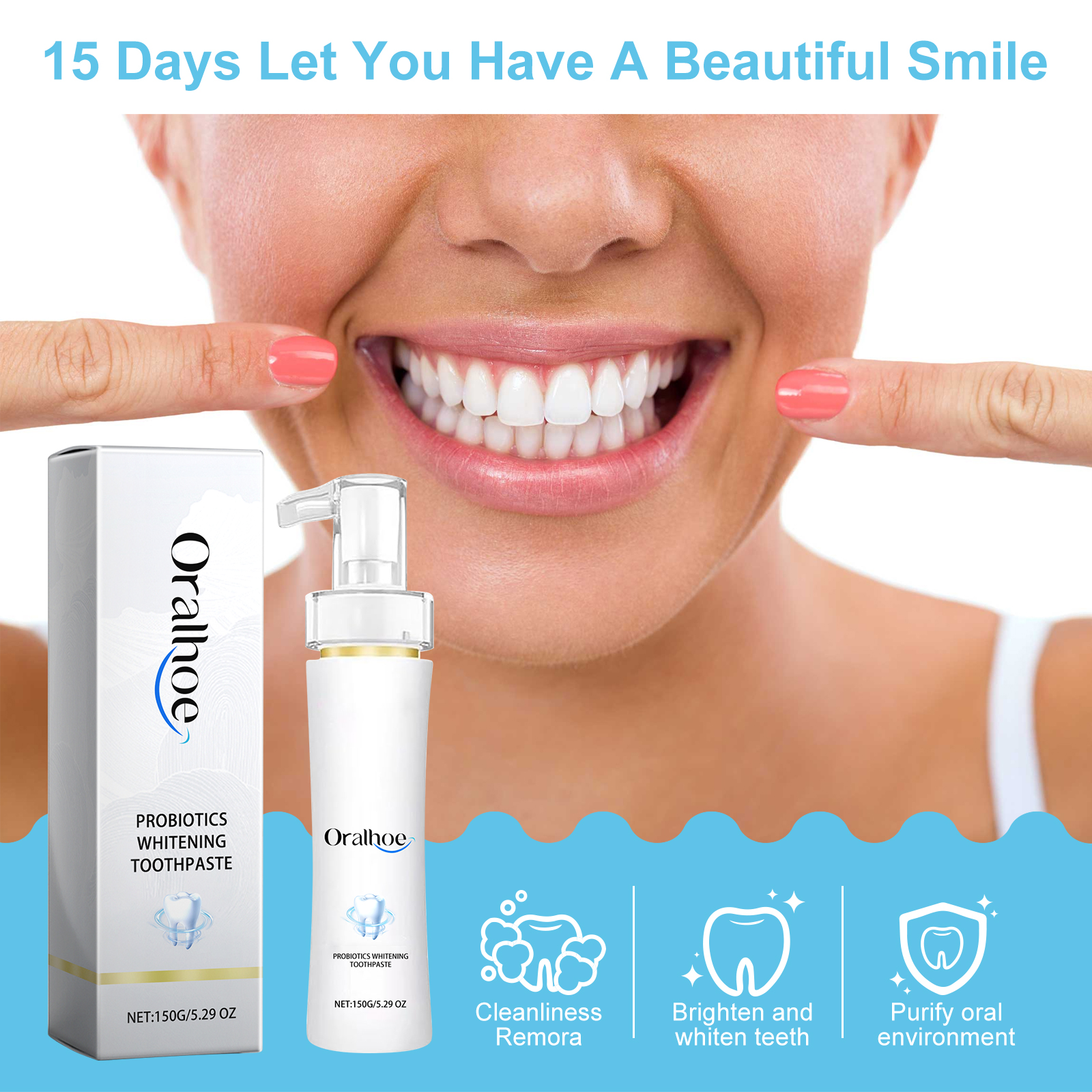 Toothpaste bottle beside a brighter smile promotional image