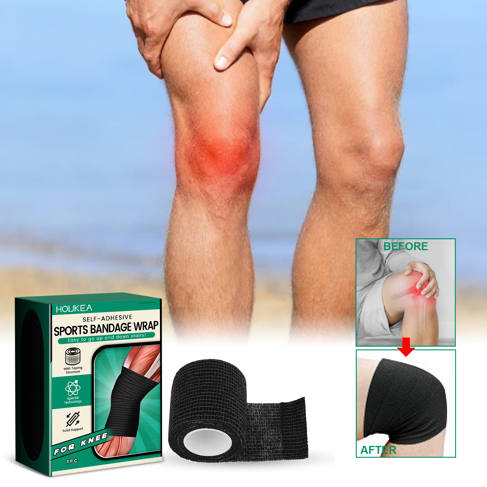 Black elastic support wrap covering a bent knee