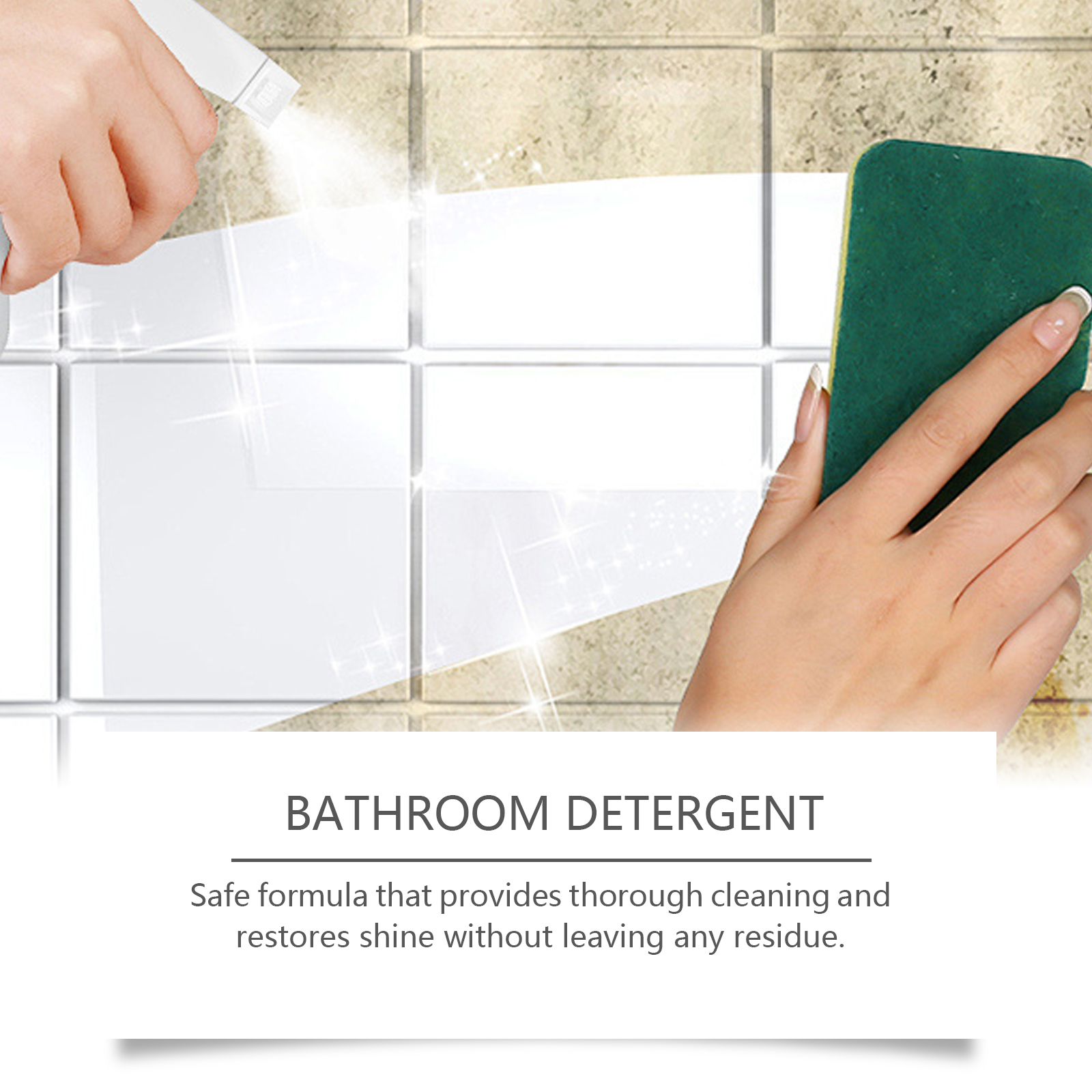 Person wiping bright bathroom tile after spraying cleaner
