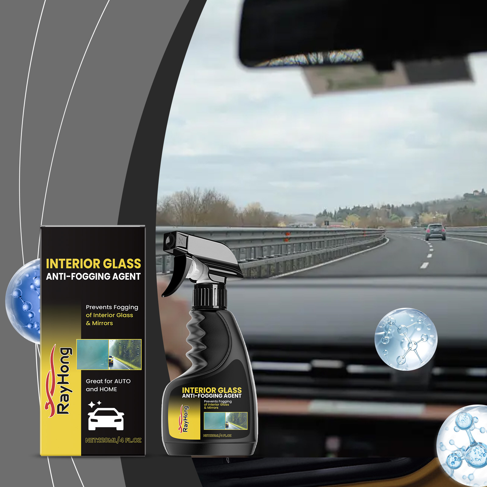 Anti-fog spray ready inside car for clear glass