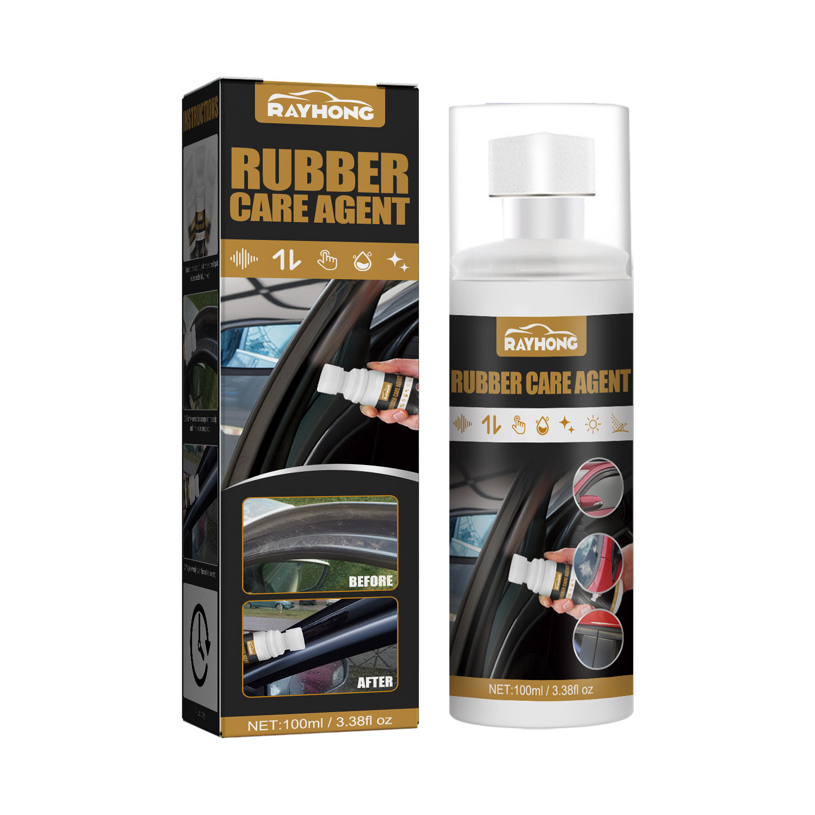 Compact rubber care bottle with clear protective cap