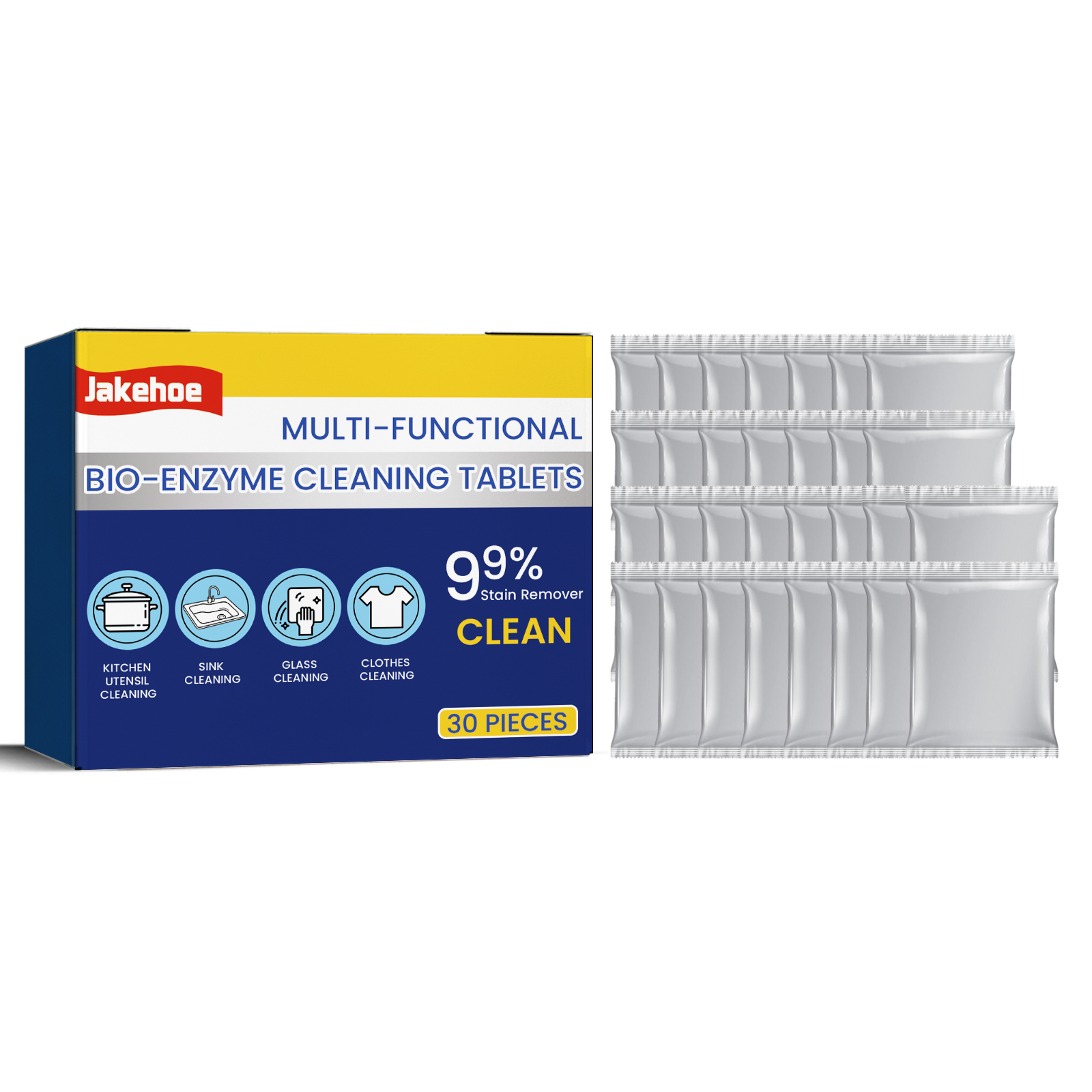 Thirty individually sealed silver-white cleaning tablets