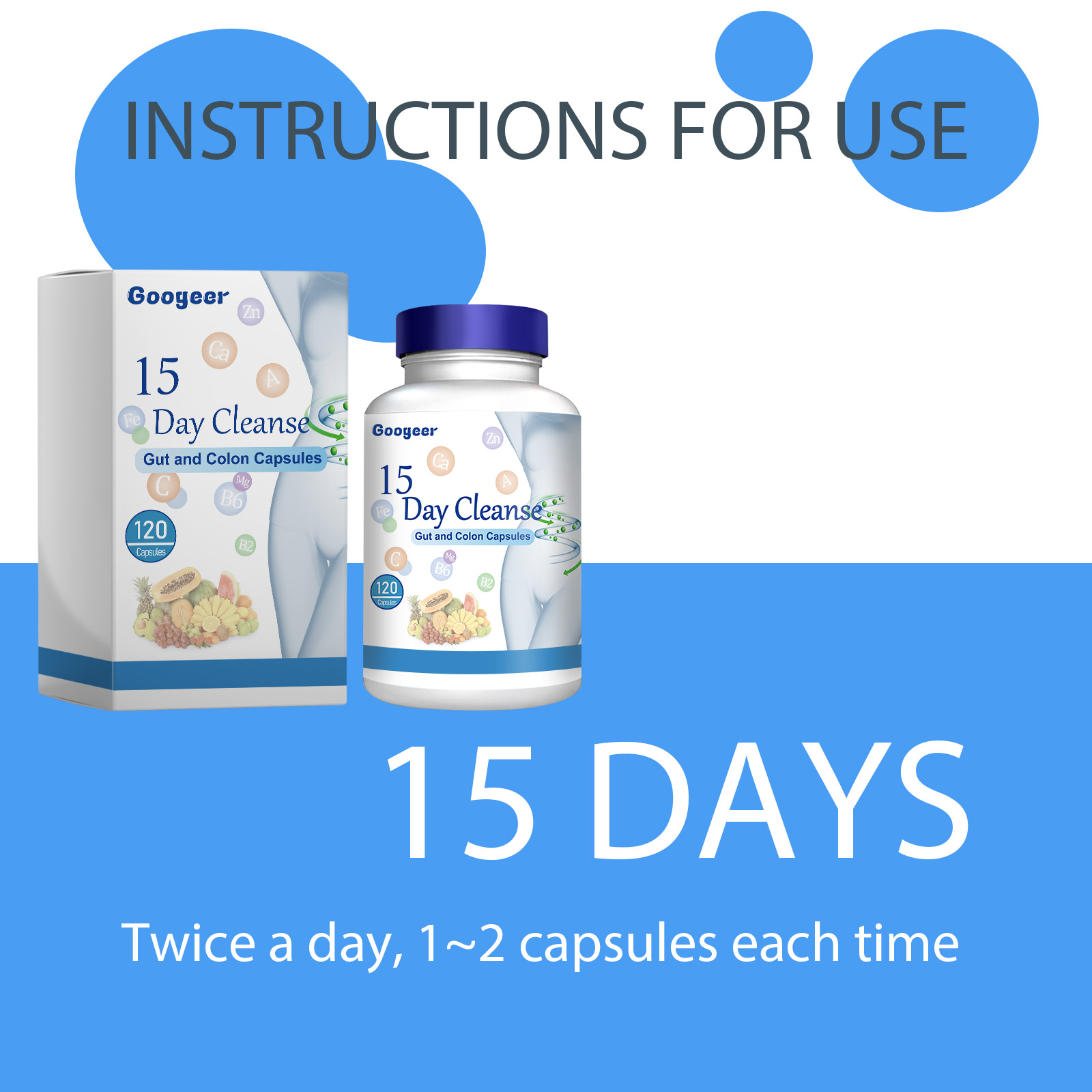 Clear dosage instructions laid over product imagery, emphasizing ease of use