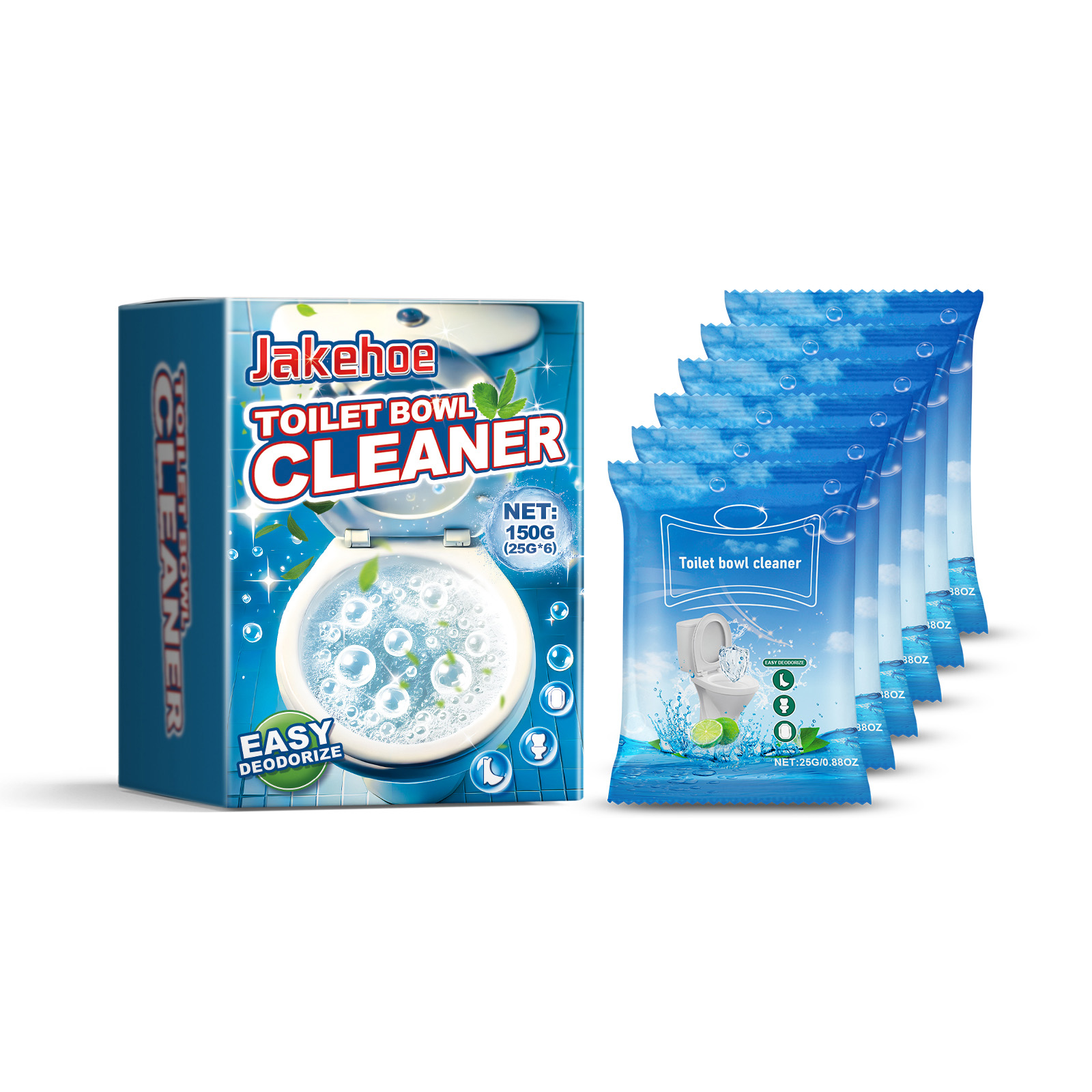 Cluster of individual blue Jakehoe cleaning sachets