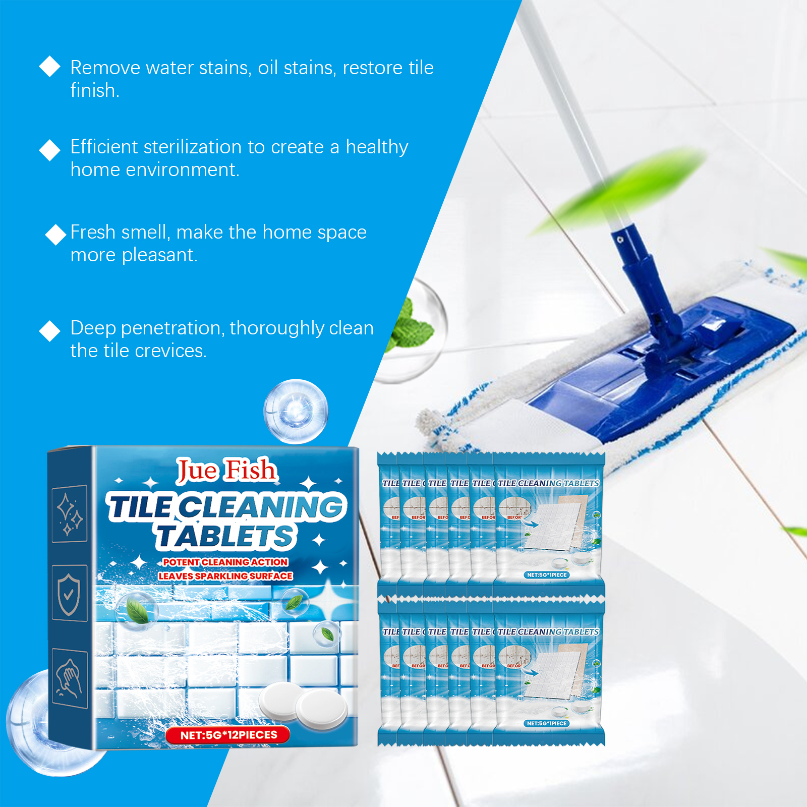 Mop cleaning glossy tile with cleaning tablet box