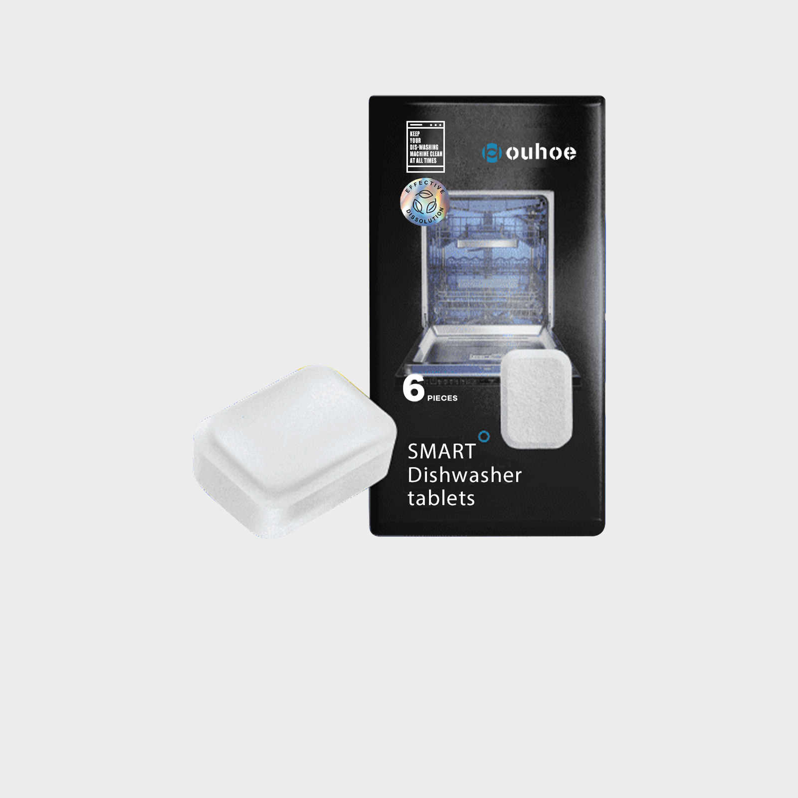 White pre-portioned dishwasher tablet with black retail packaging