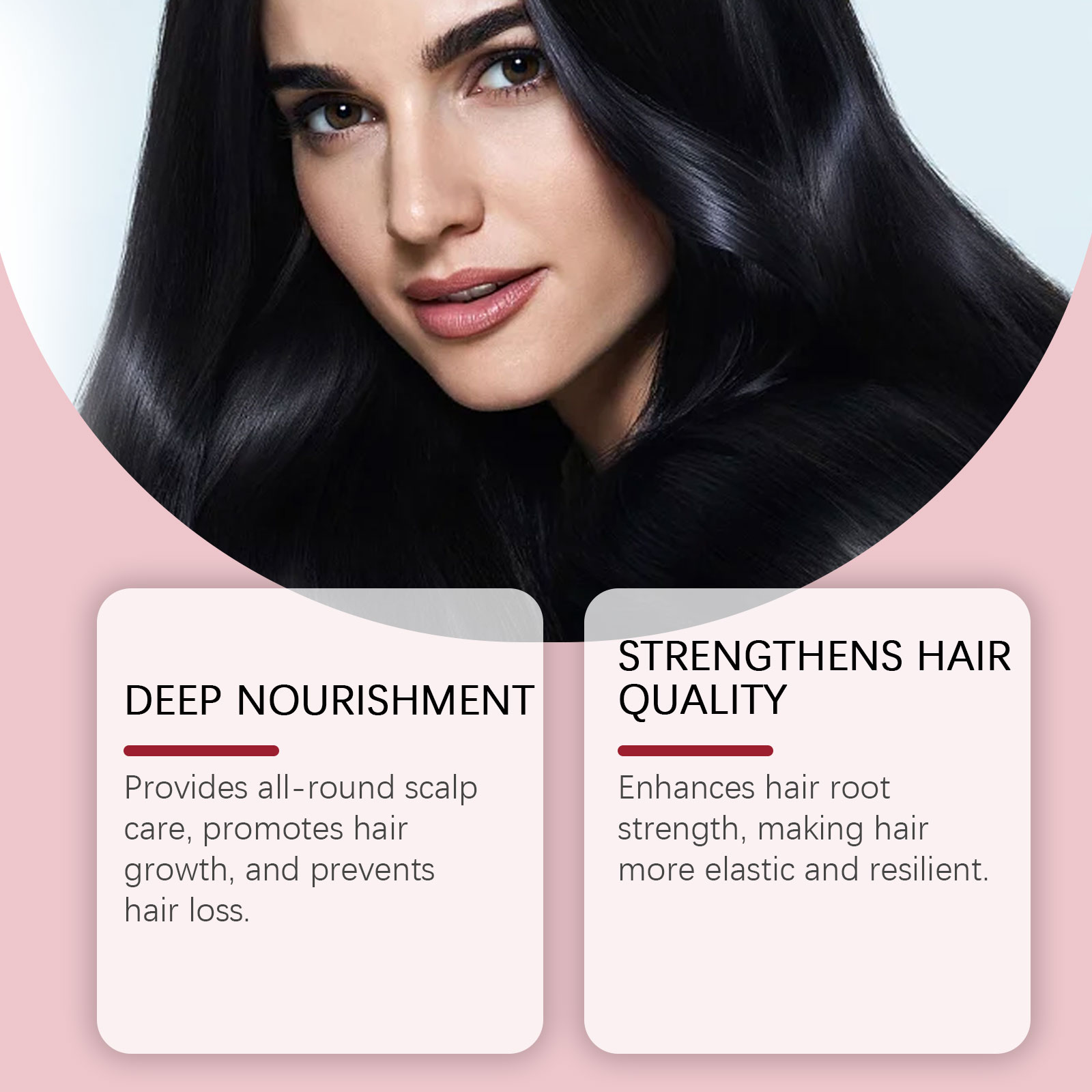 Glossy dark hair shown with nourishment claims