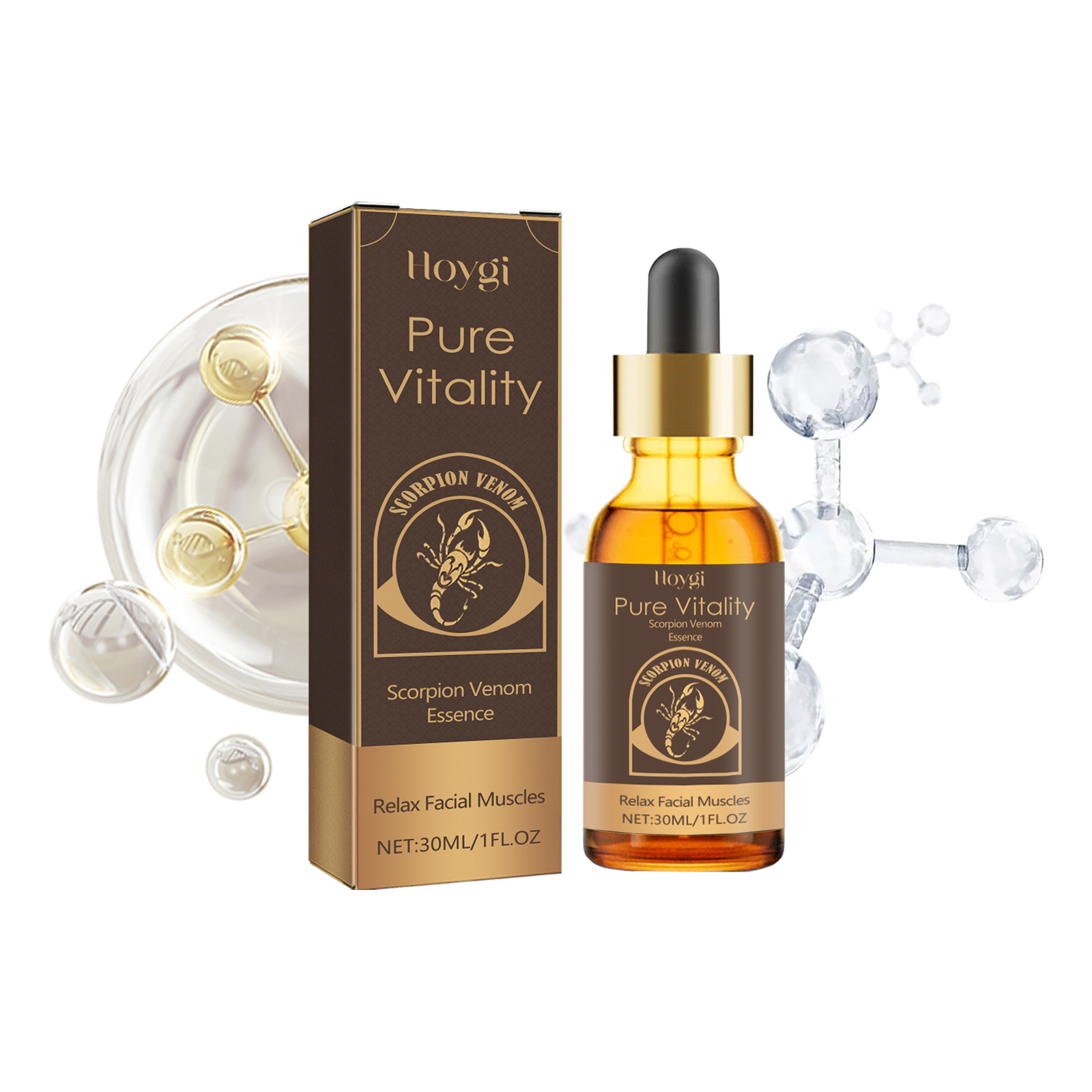 Scorpion essence bottle beside smiling skincare model