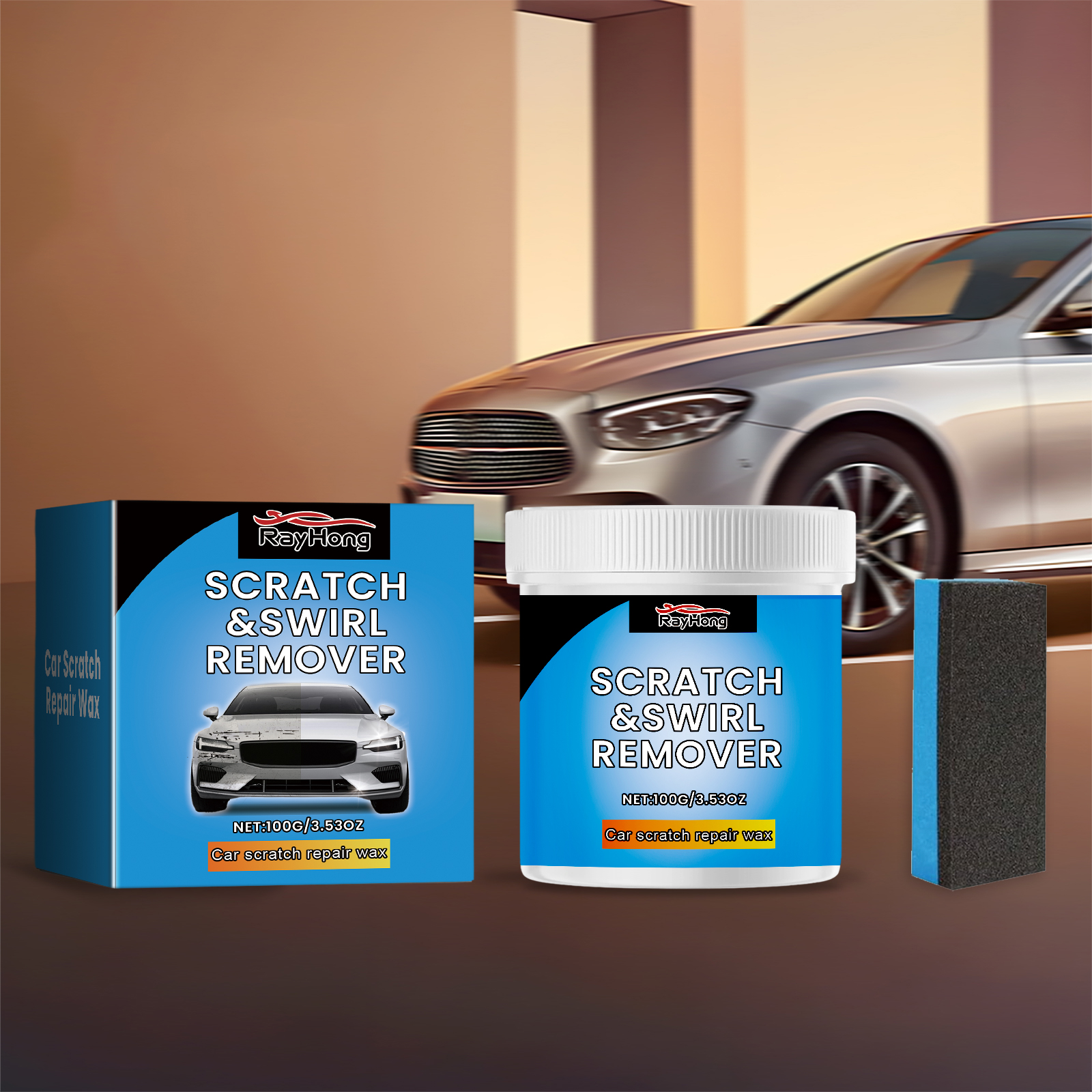 Compact scratch remover kit beside silver vehicle