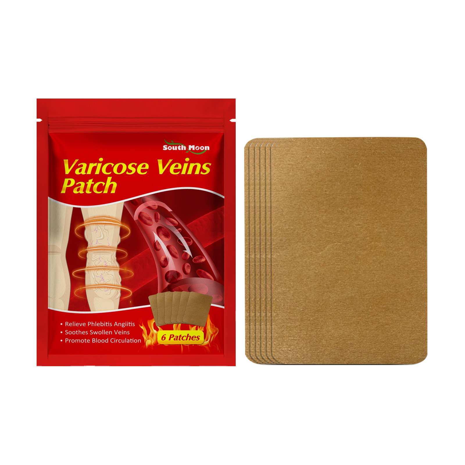 Leg patch sachet shown in an intended-use setting