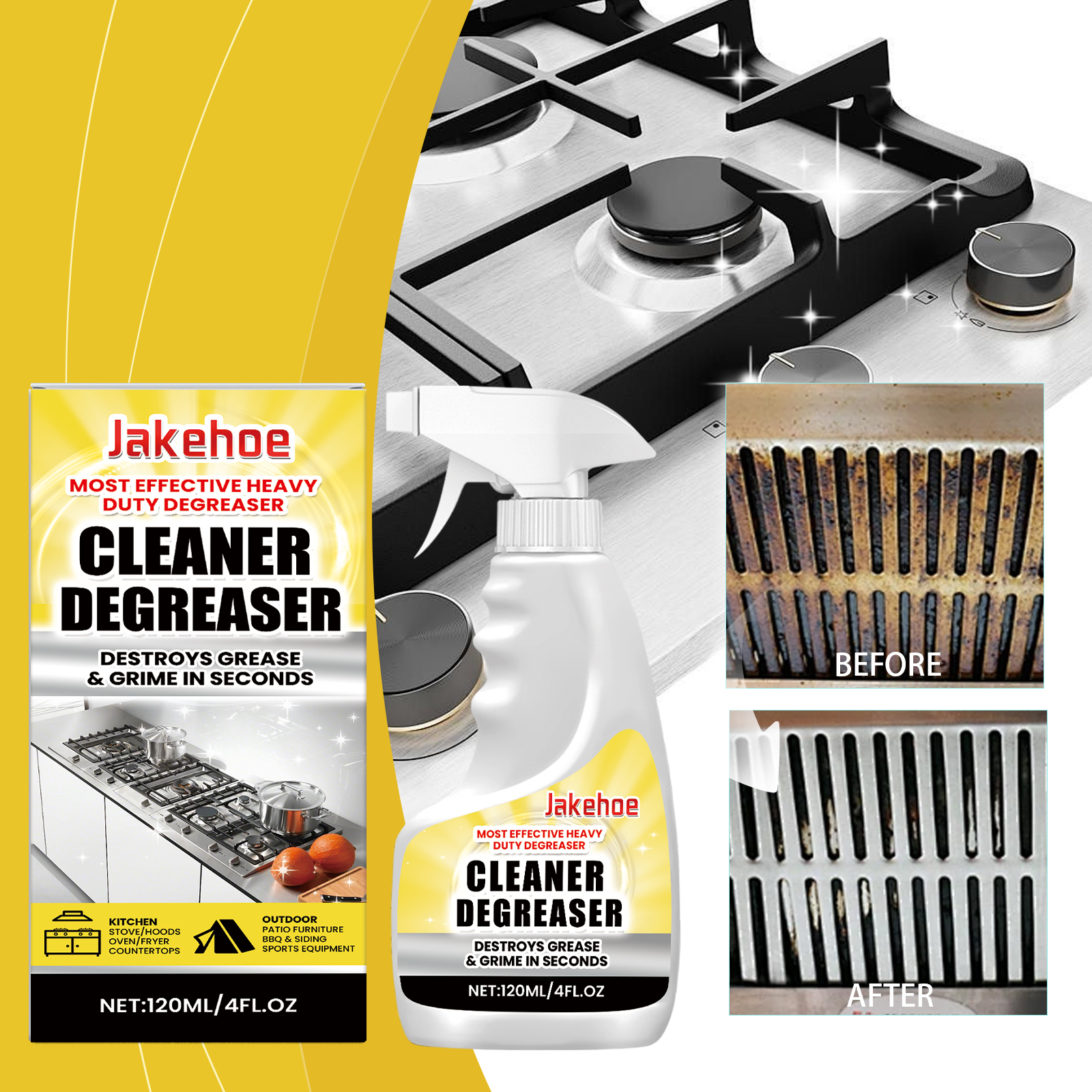 Degreaser beside greasy and cleaned stovetop grates