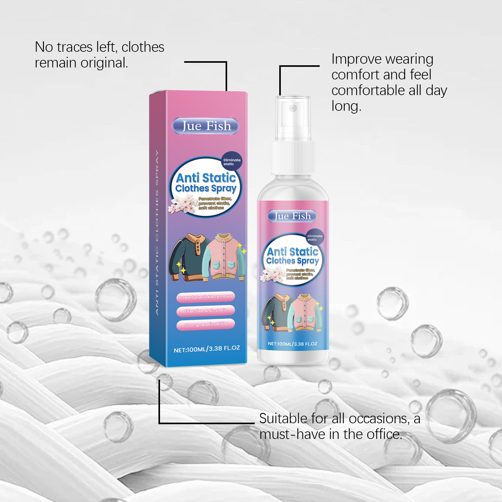 Anti-static spray bottle with fabric-care promotional details