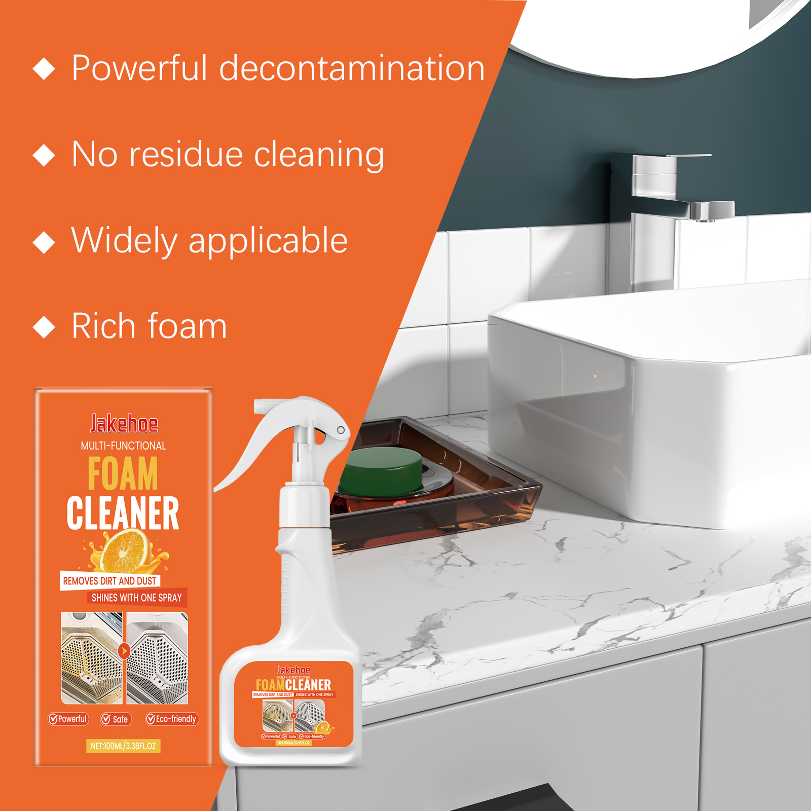 Foam cleaner presented beside bathroom surfaces