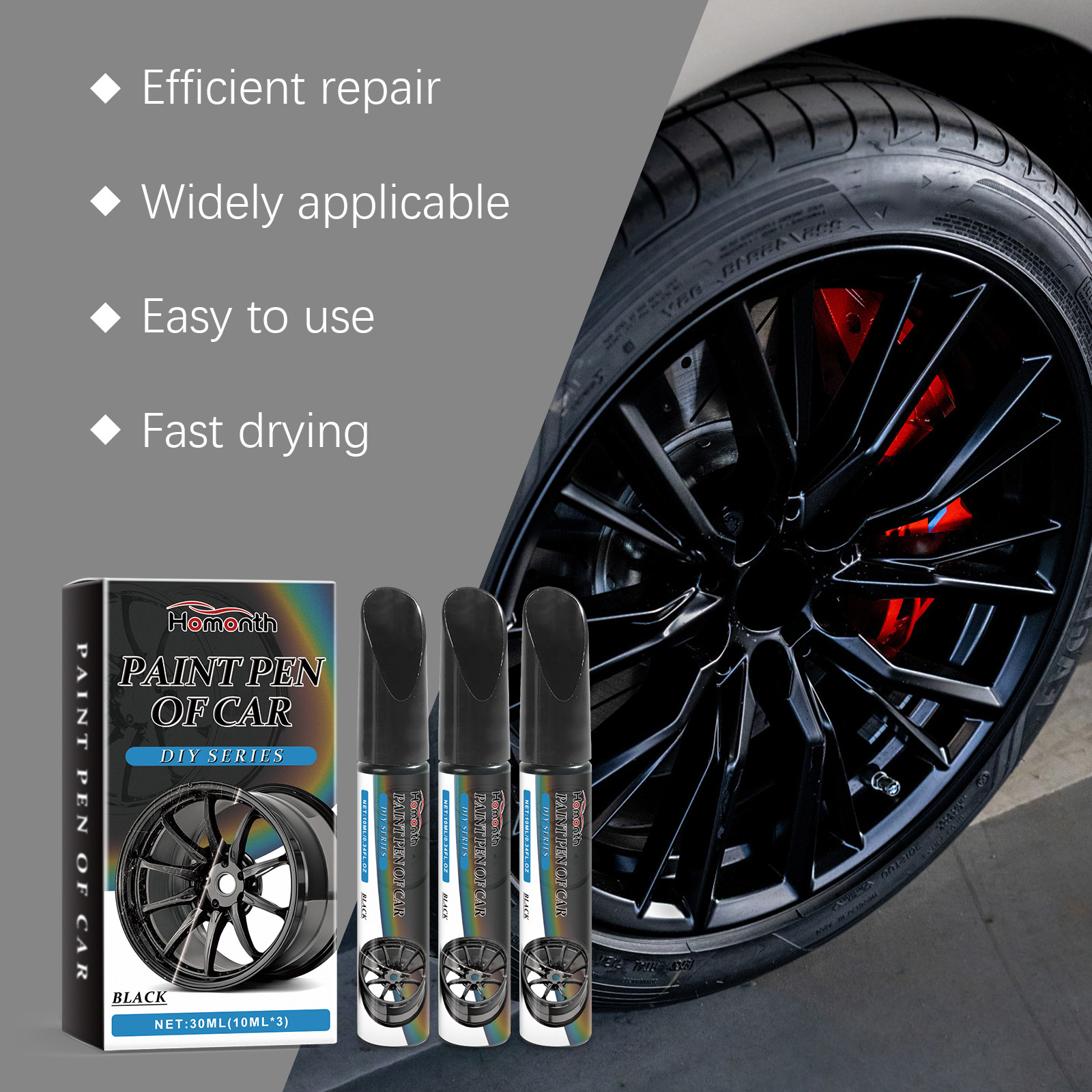 Paint pen set beside black wheel and red caliper