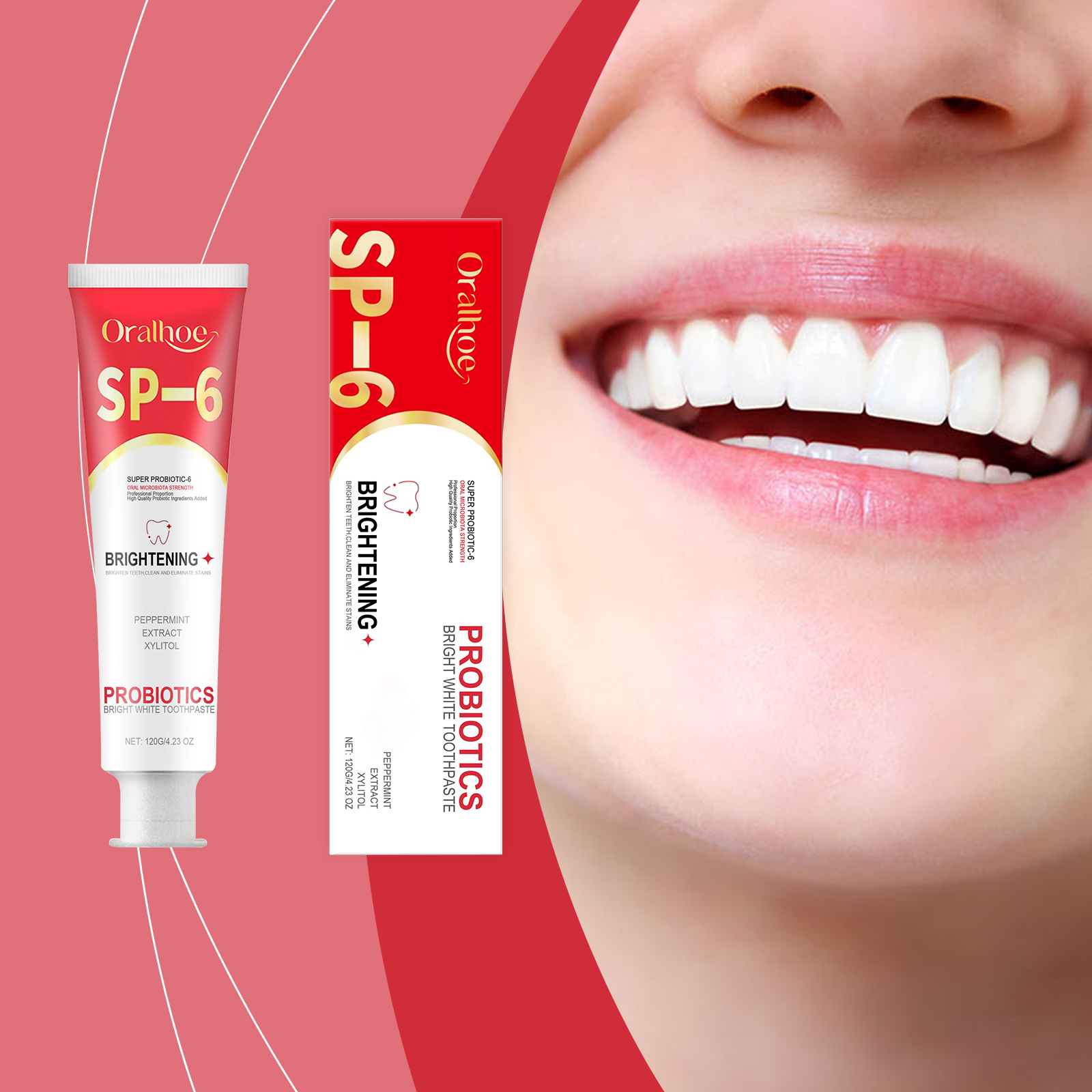 Bright smile lifestyle image beside peppermint toothpaste
