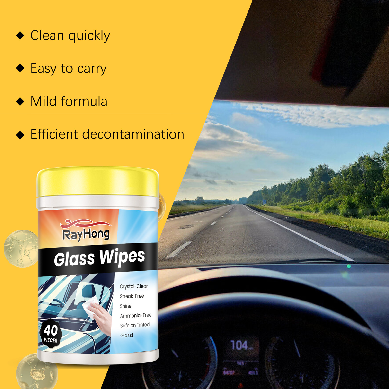 RayHong canister beside driving scene and cleaning benefit claims