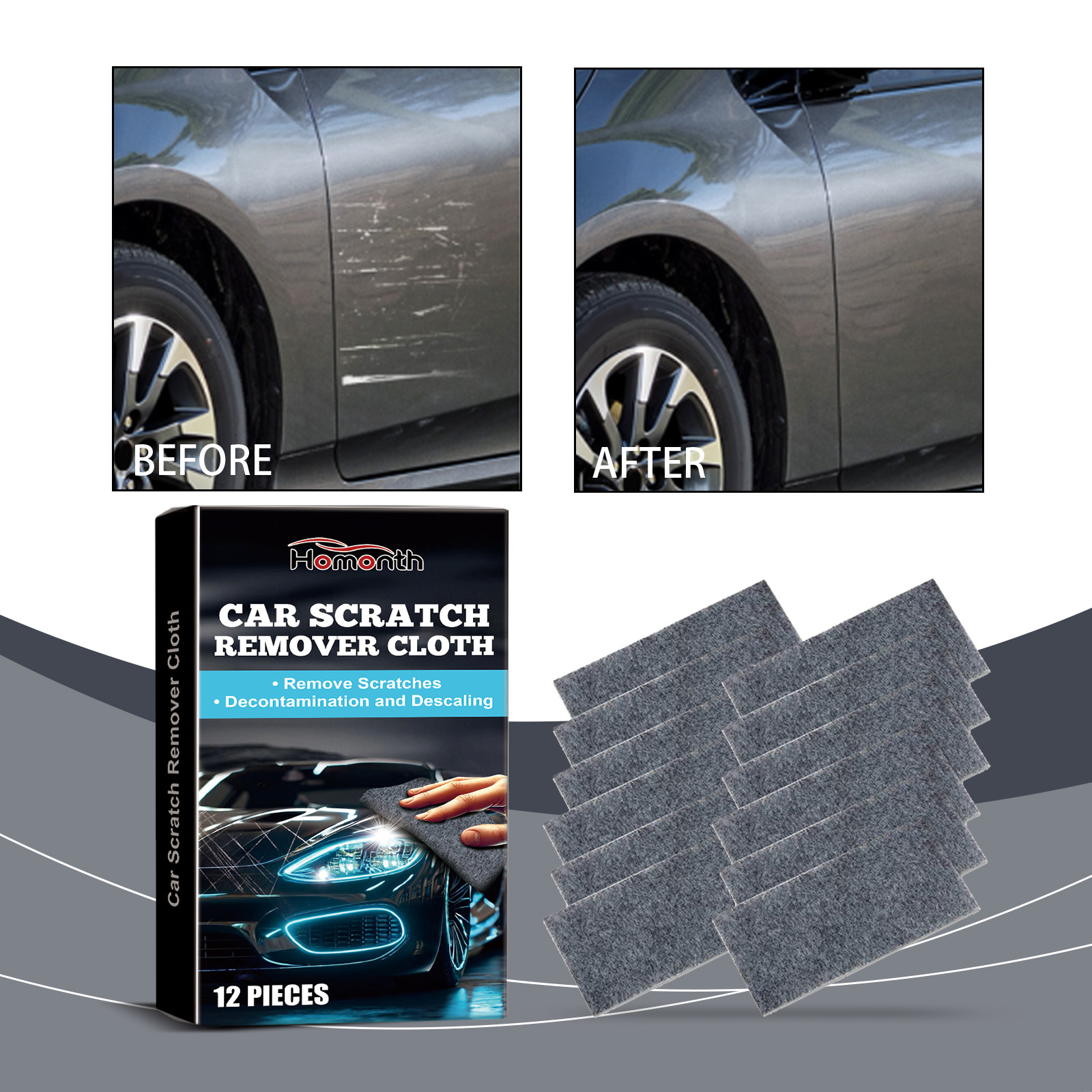 Before and after gray car panel with water stains