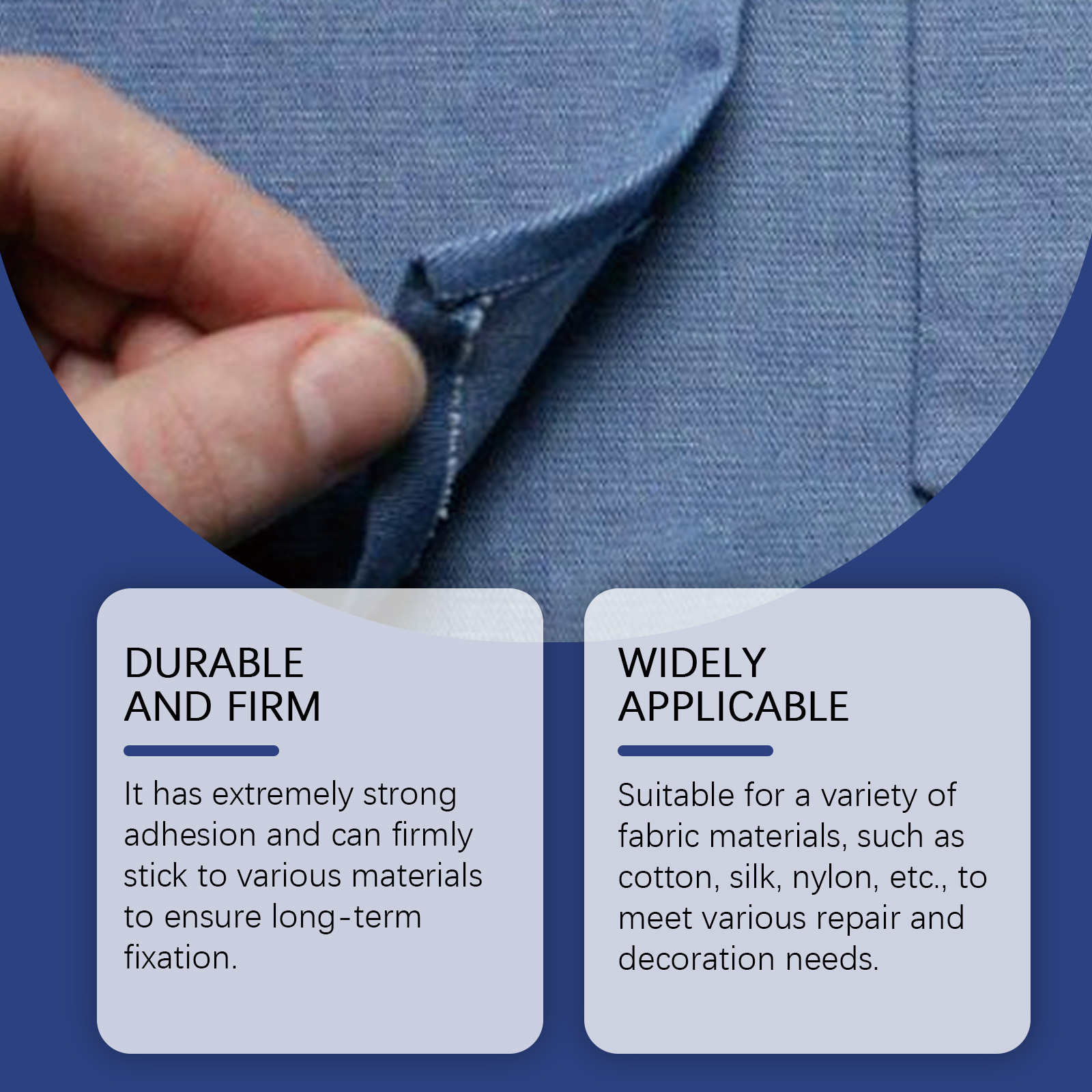 Close-up textile repair with crystal-clear finish claim