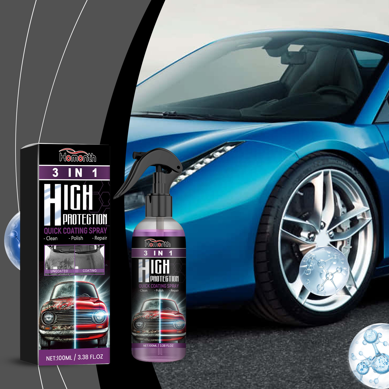 HOMONTH spray beside glossy vehicle exterior