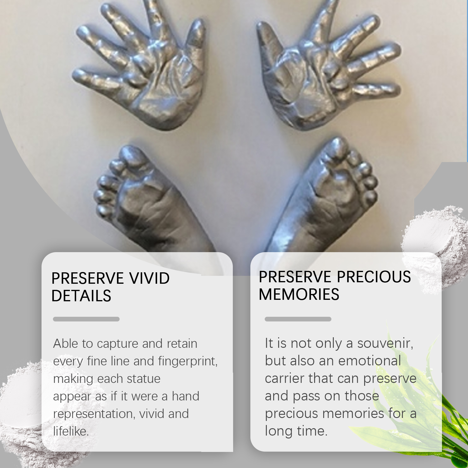 Metallic hand and foot castings with visible surface contours