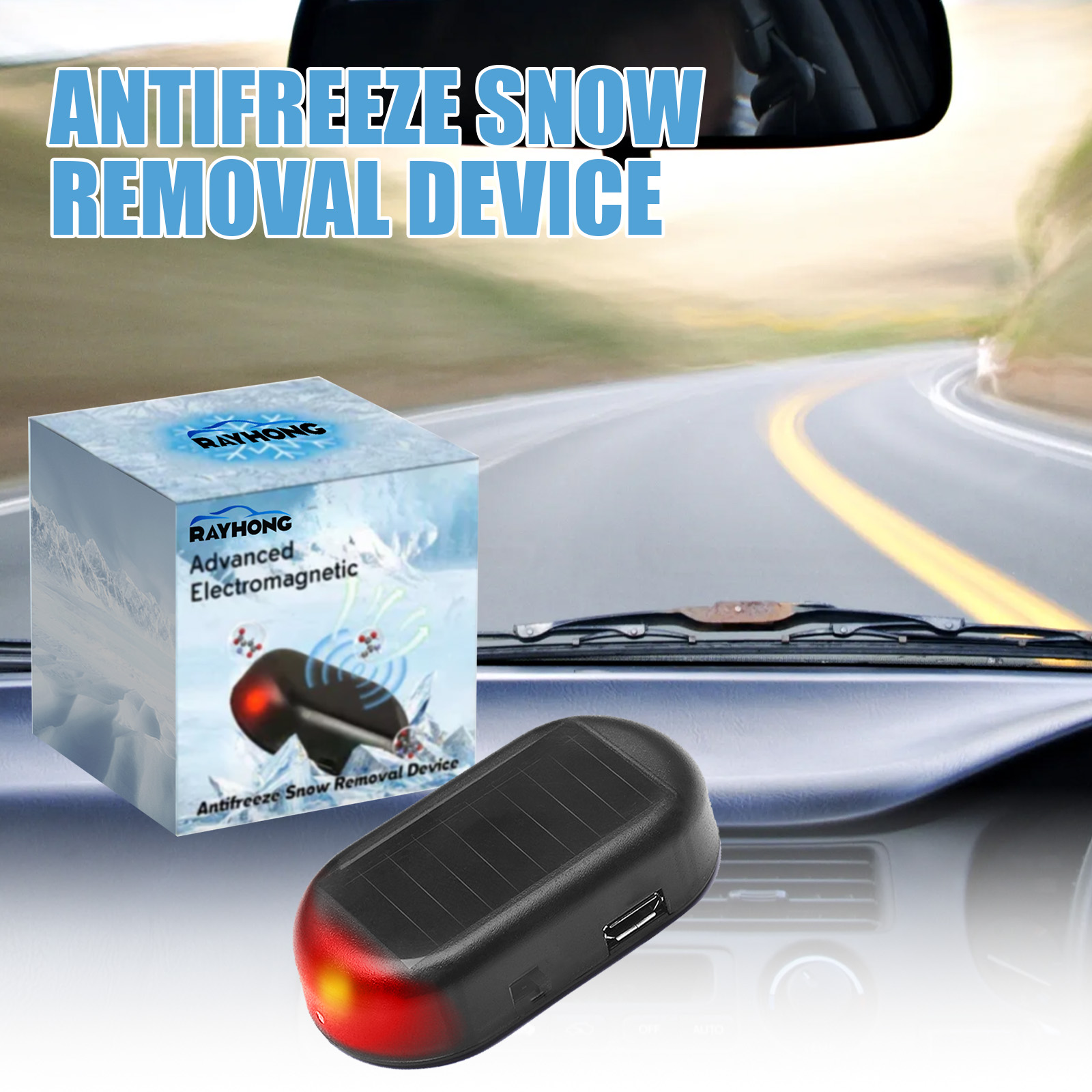 De-icing device on dashboard beside snowy road