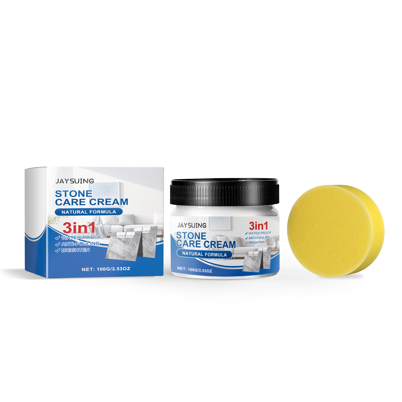 Stone care cream jar and sponge beside retail box