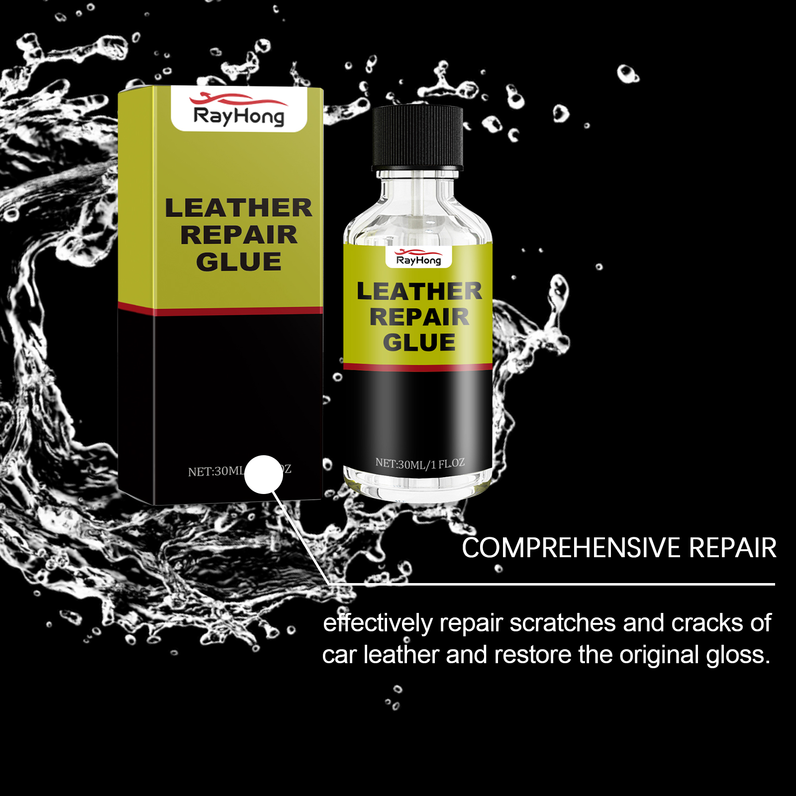 Leather repair fluid bottle with black ribbed cap