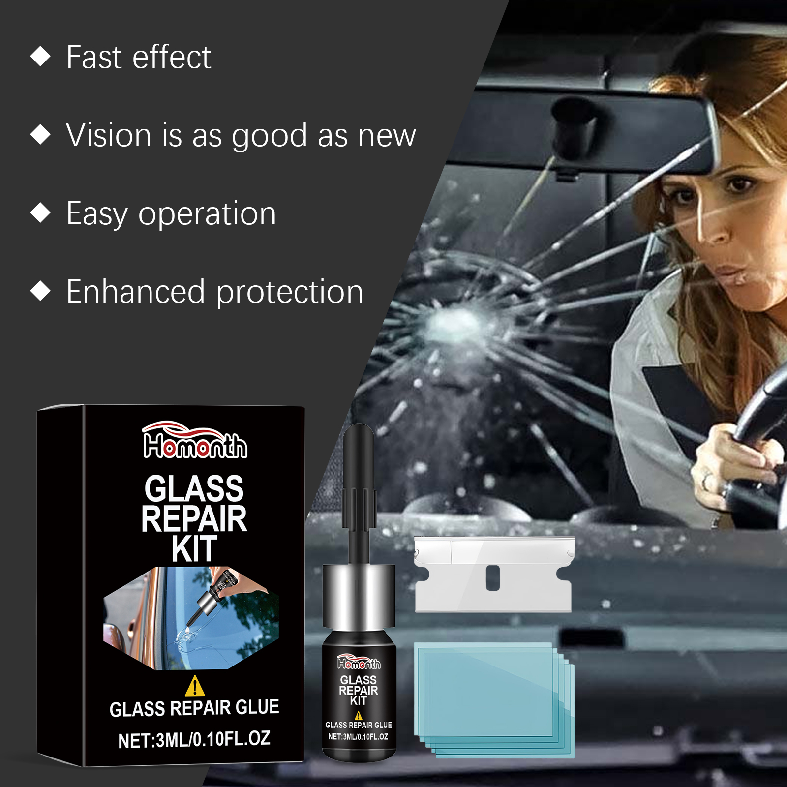 Transparent blue curing films beside windshield repair adhesive