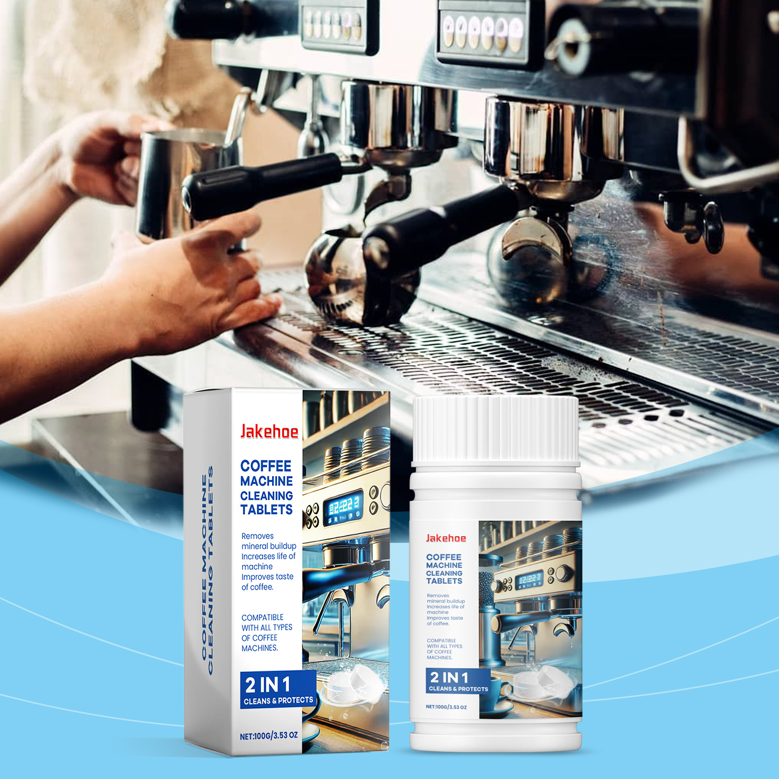 Coffee cleaning tablets beside professional espresso equipment