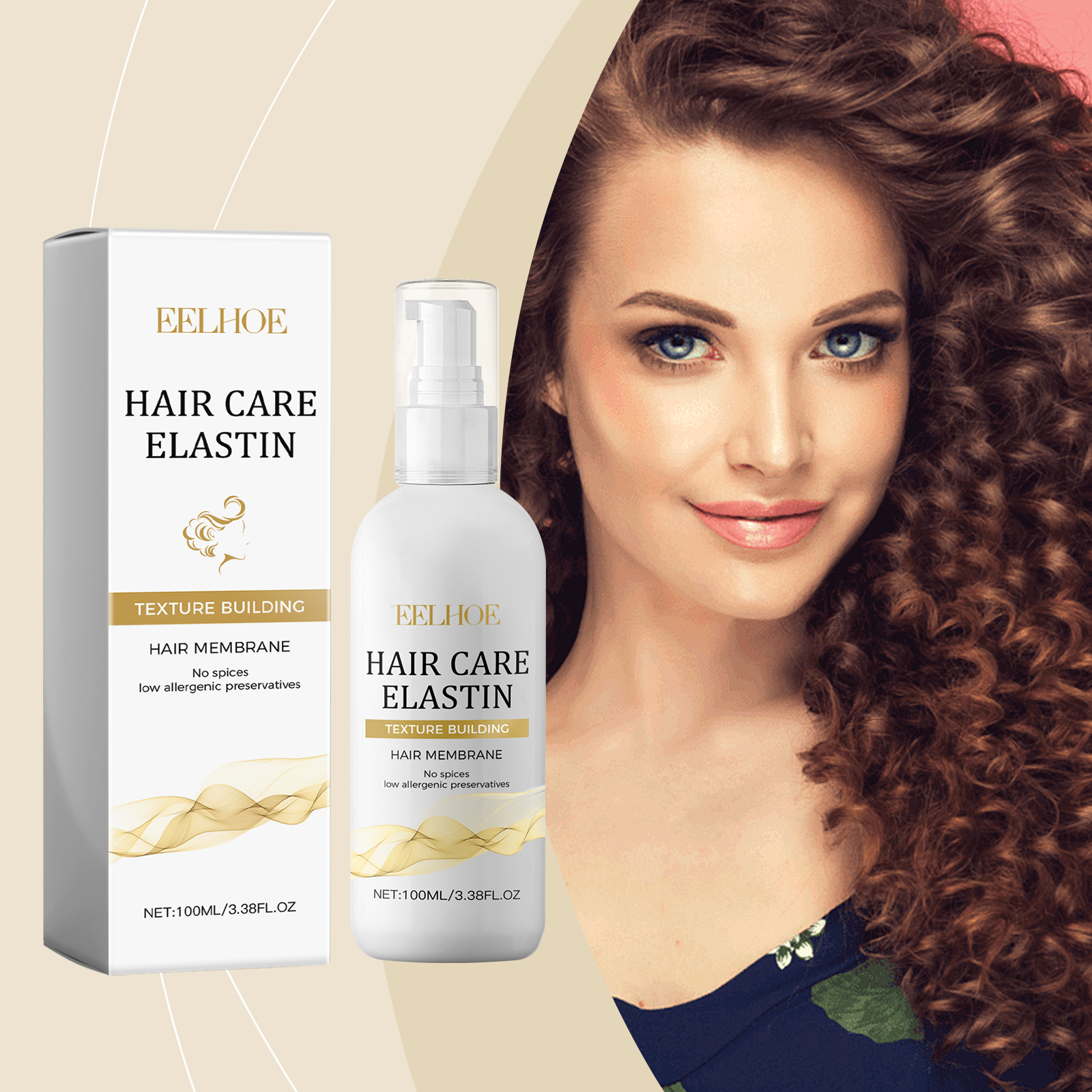 Curly-haired woman beside hair elastin product