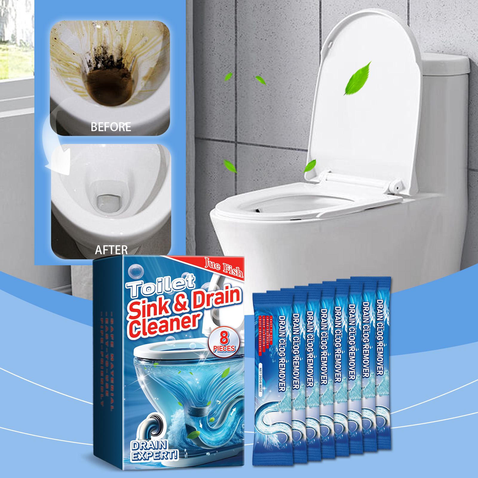 Toilet bowl before and after cleaner treatment