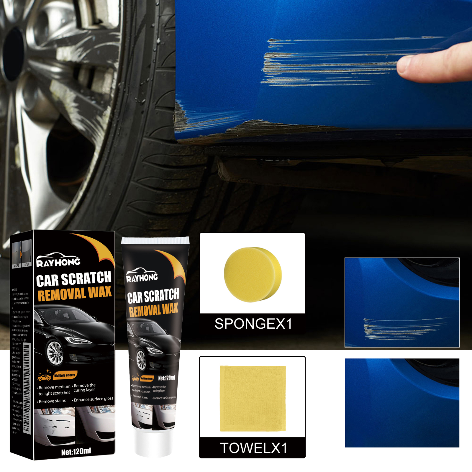Blue car paint before and after polishing comparison