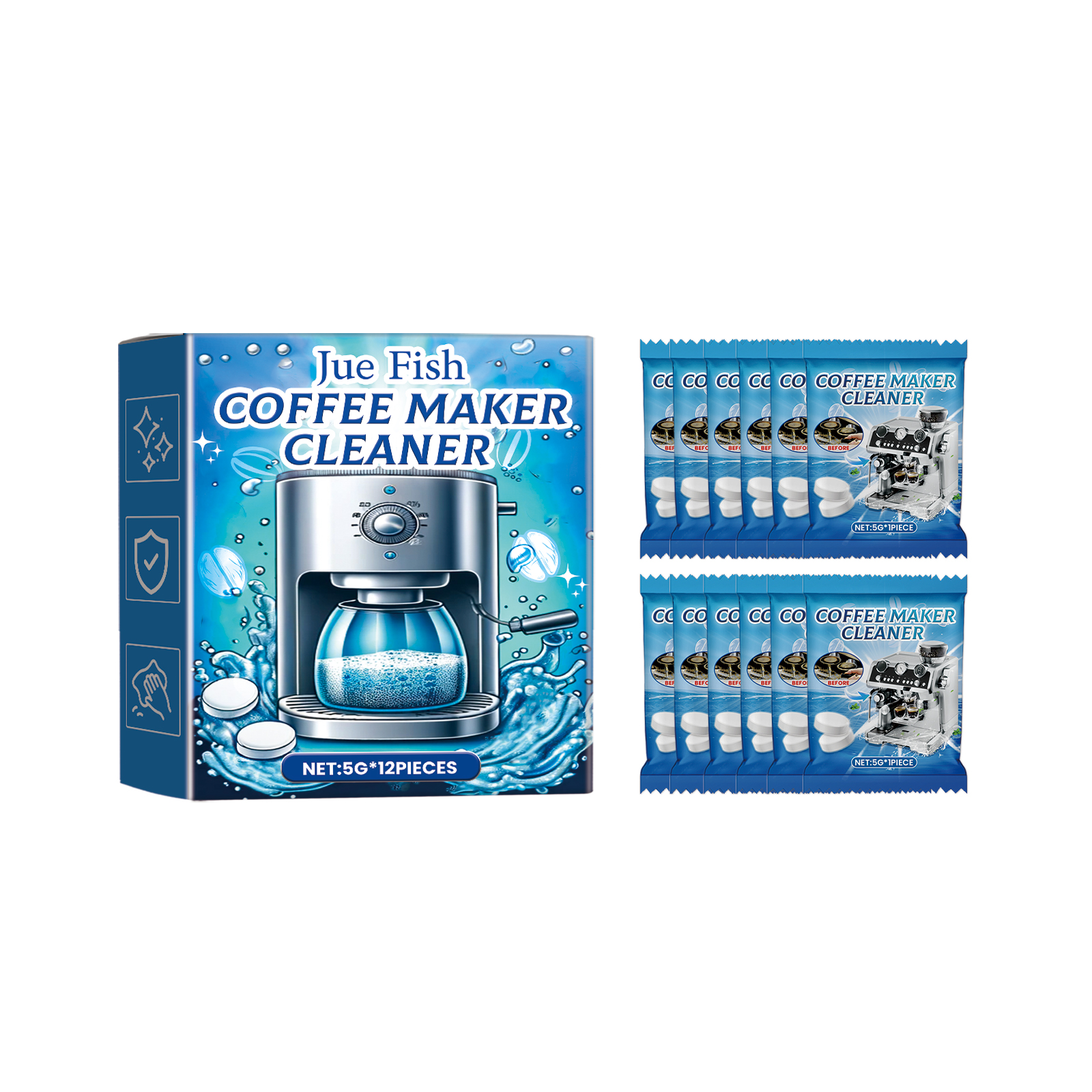 Blue and white effervescent cleaner sachets
