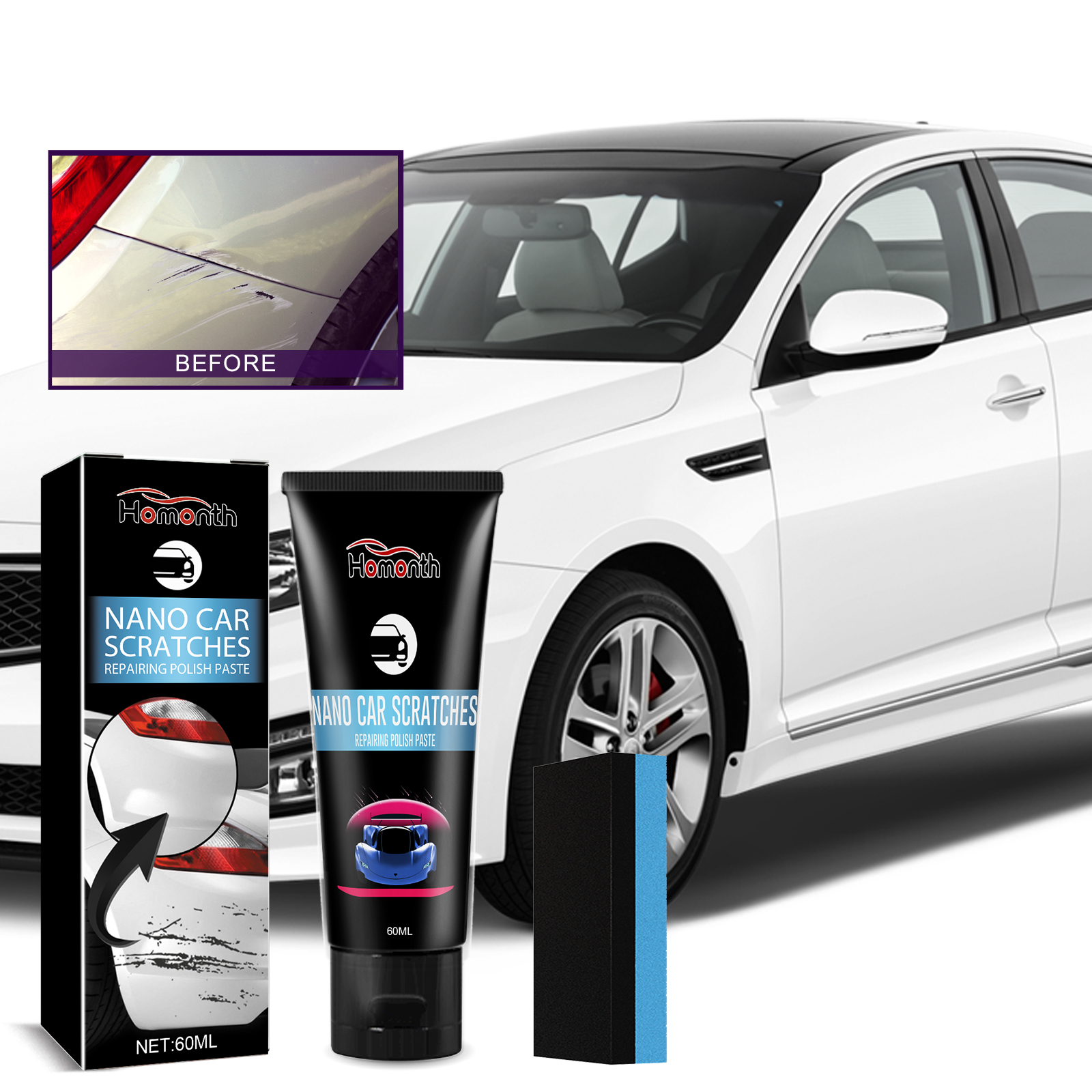 Car scratch repair paste shown with marked vehicle panel