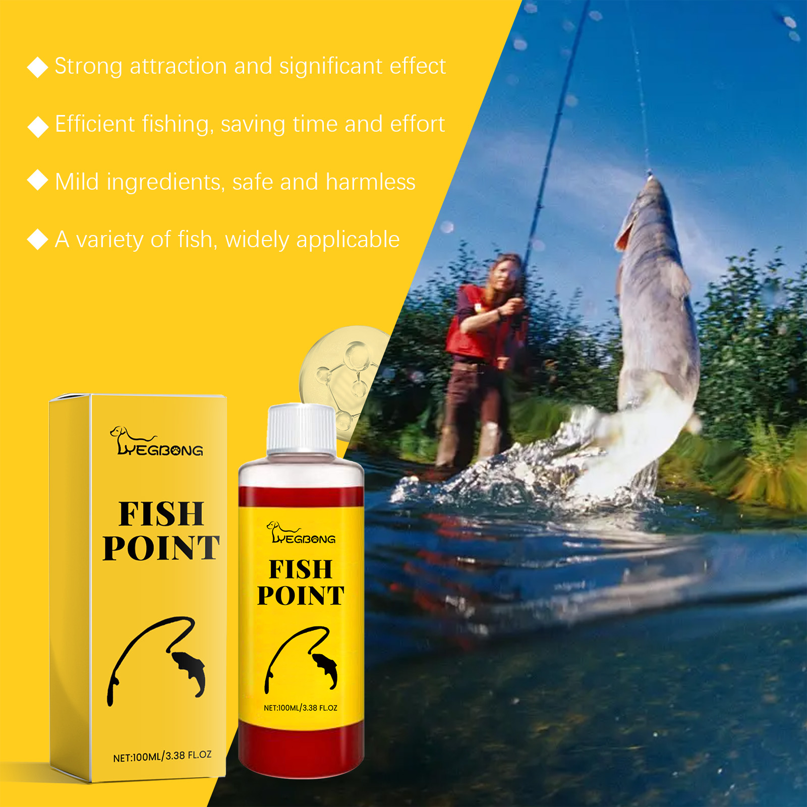 Fish attractant carton beside bottle and catch