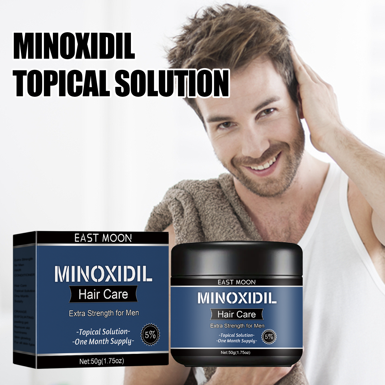 Men's topical hair treatment with visible 5% badge