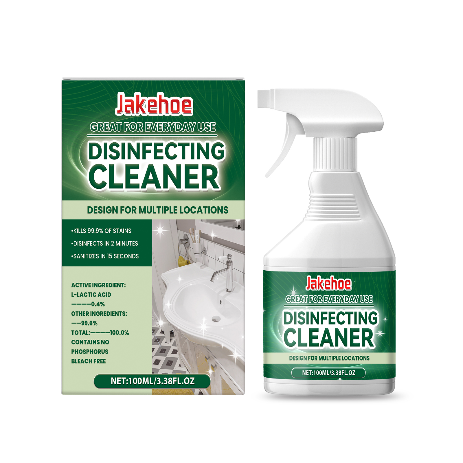 Cleaner bottle label and matching carton close-up