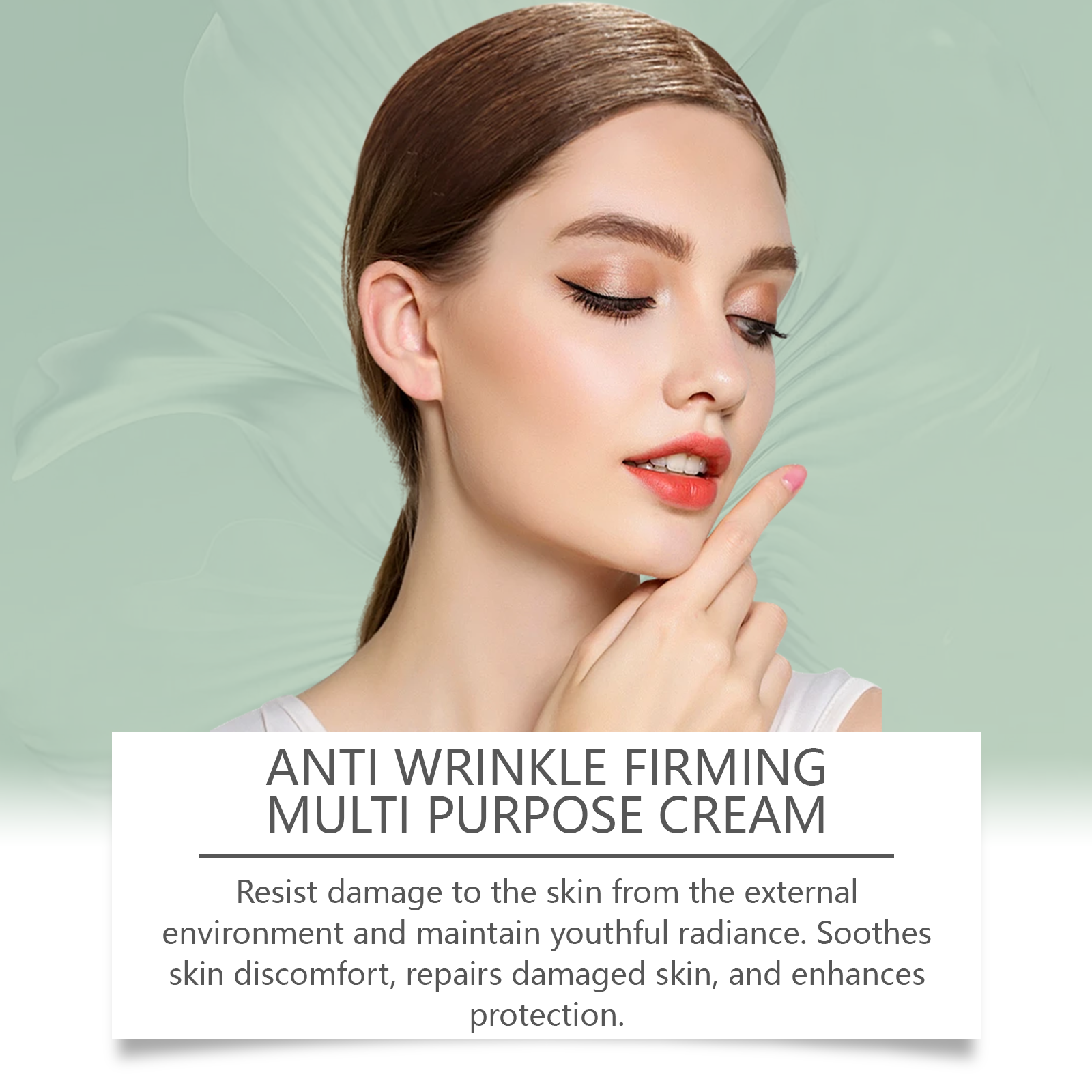 Woman touching face beside firming cream message