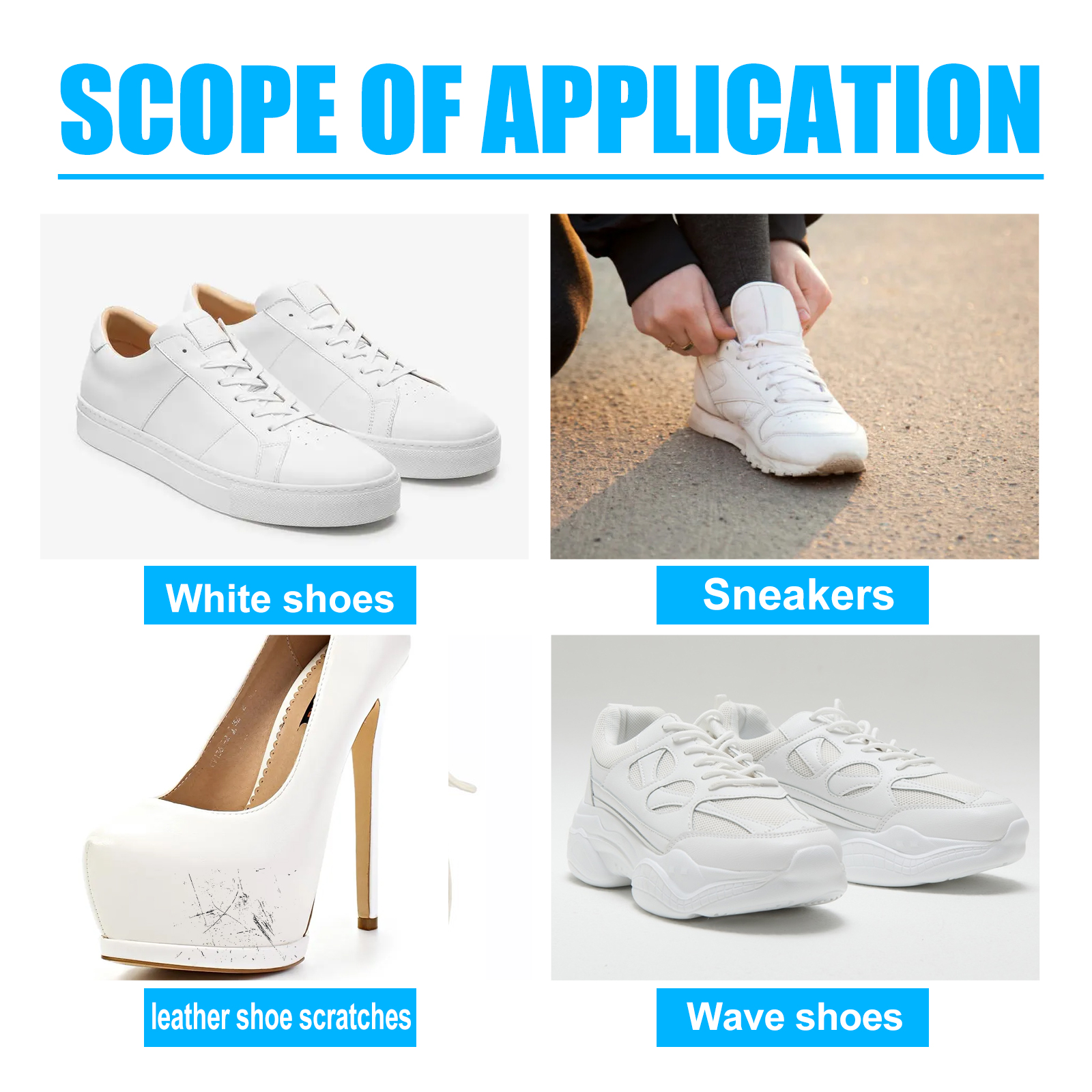 Portable shoe cleaner shown beside multiple white shoes