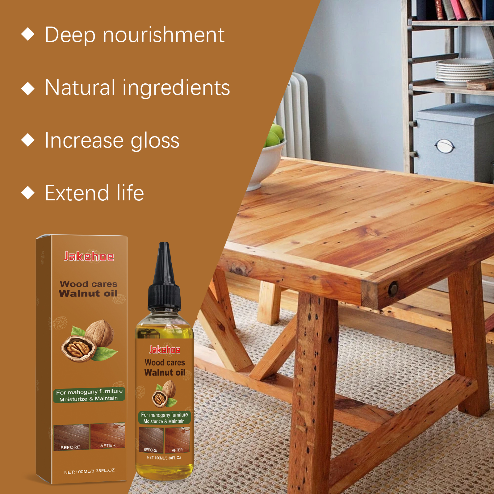 Walnut oil bottle beside polished wooden table