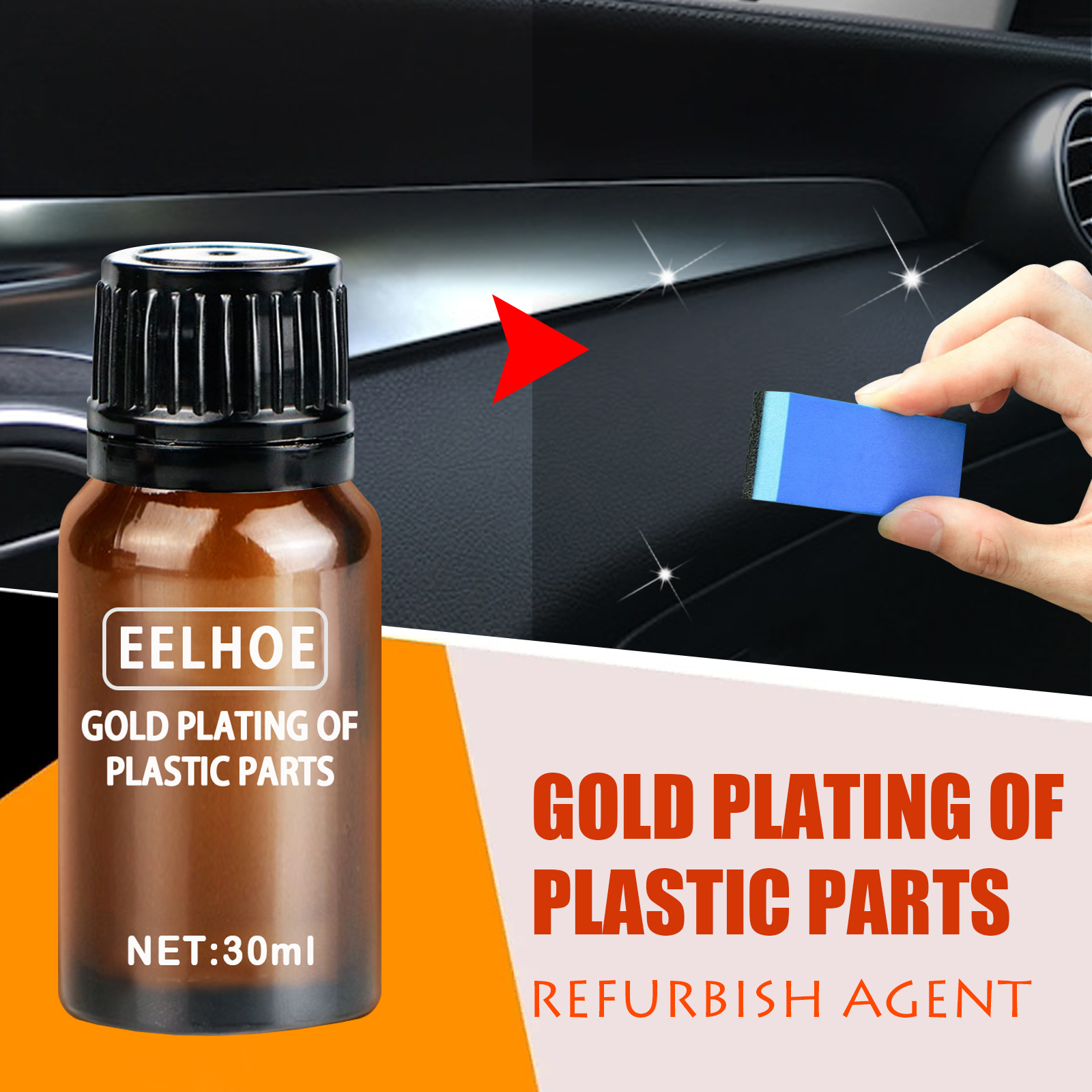 Hand using rectangular sponge on dark dashboard trim