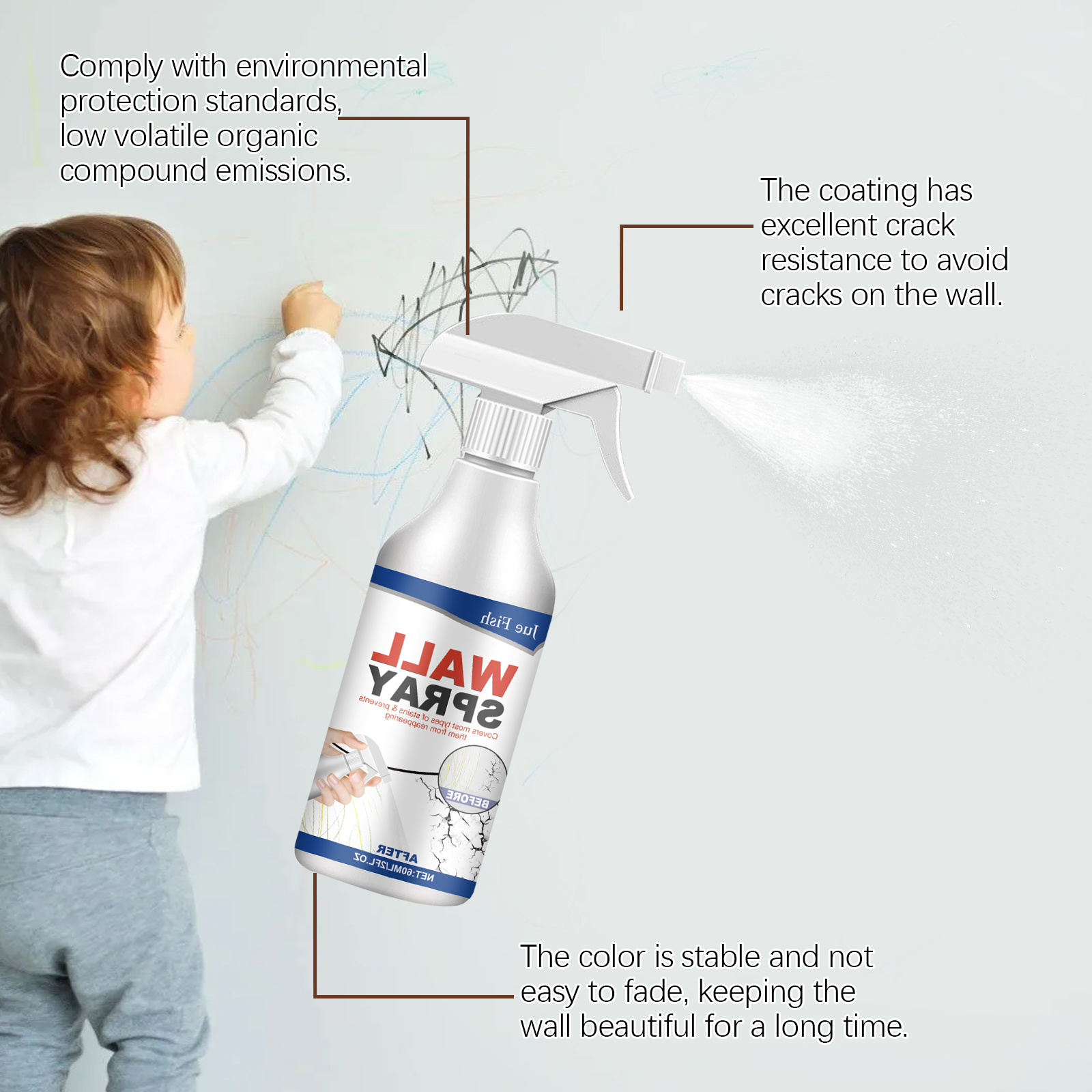 Wall Spray packaging with low VOC repair claims